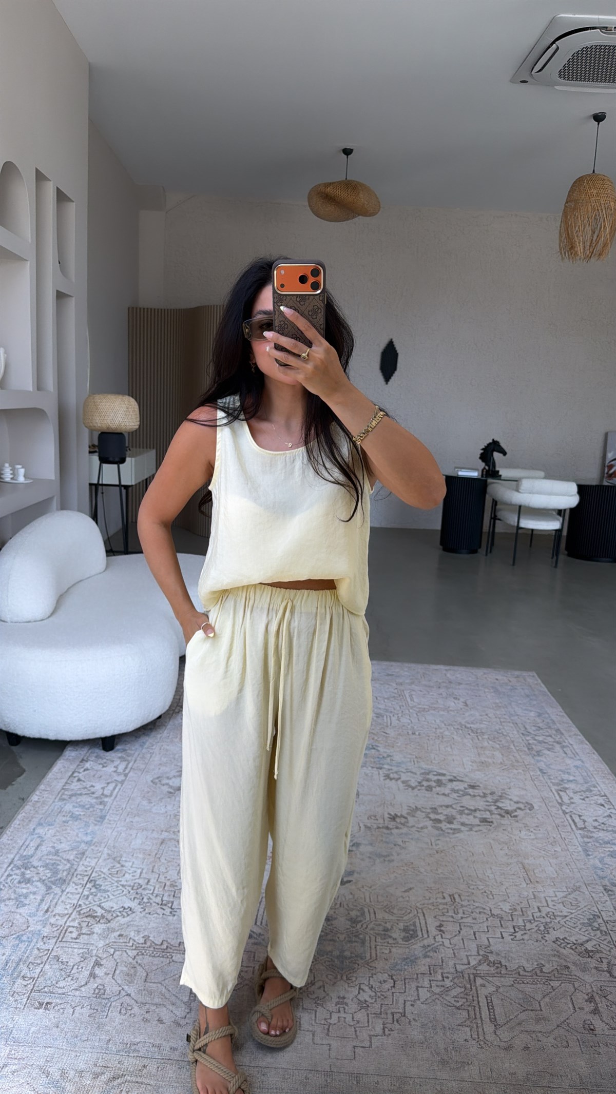 Açık Sarı Tensel Atlet Pantolon Basic Takım