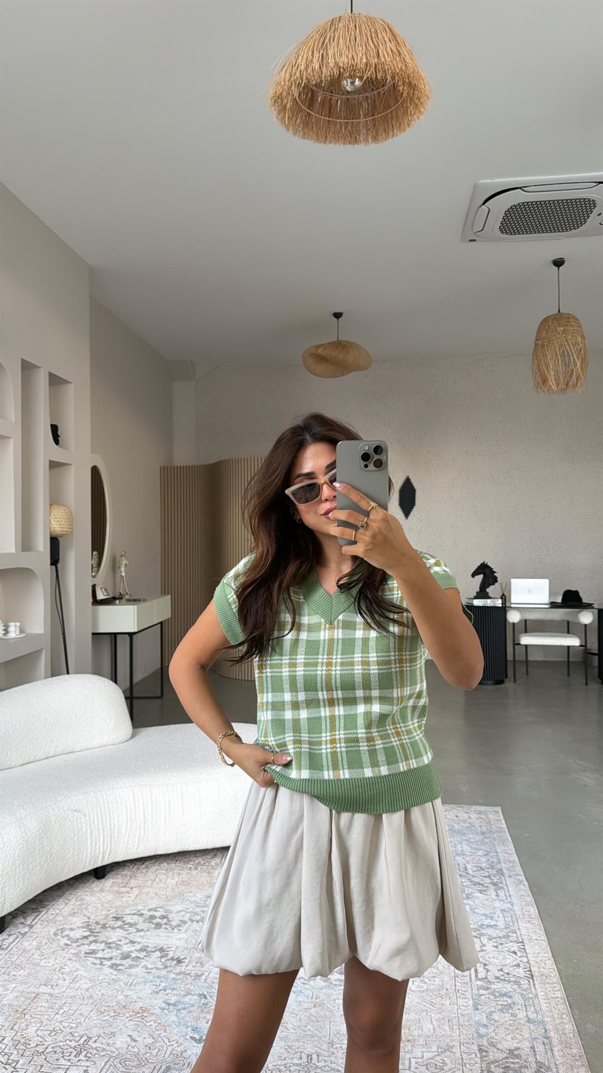 Açık Yeşil Kare Desenli Triko Bluz