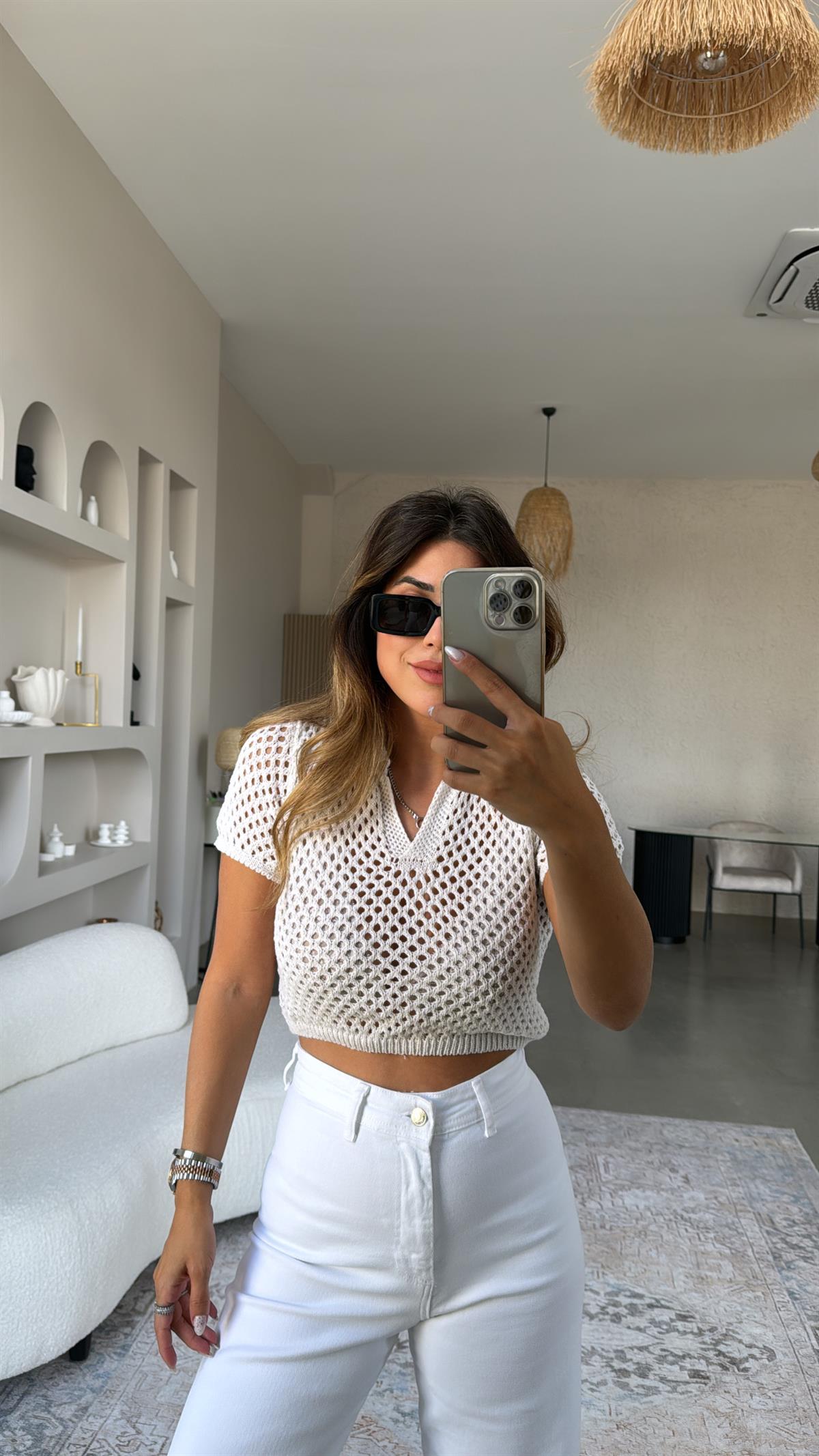 Ajur Kısa Kol Crop Bluz