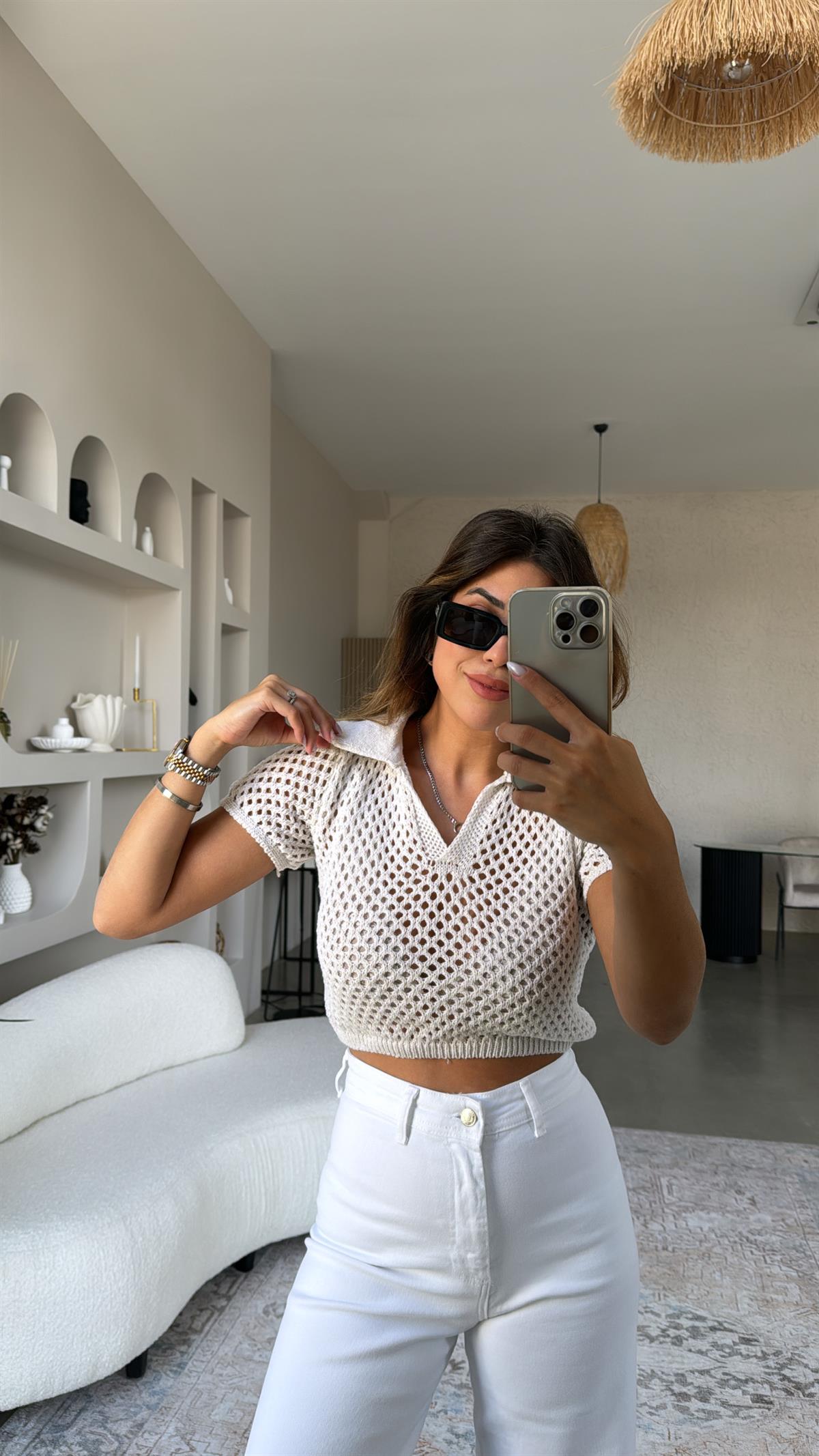 Ajur Kısa Kol Crop Bluz