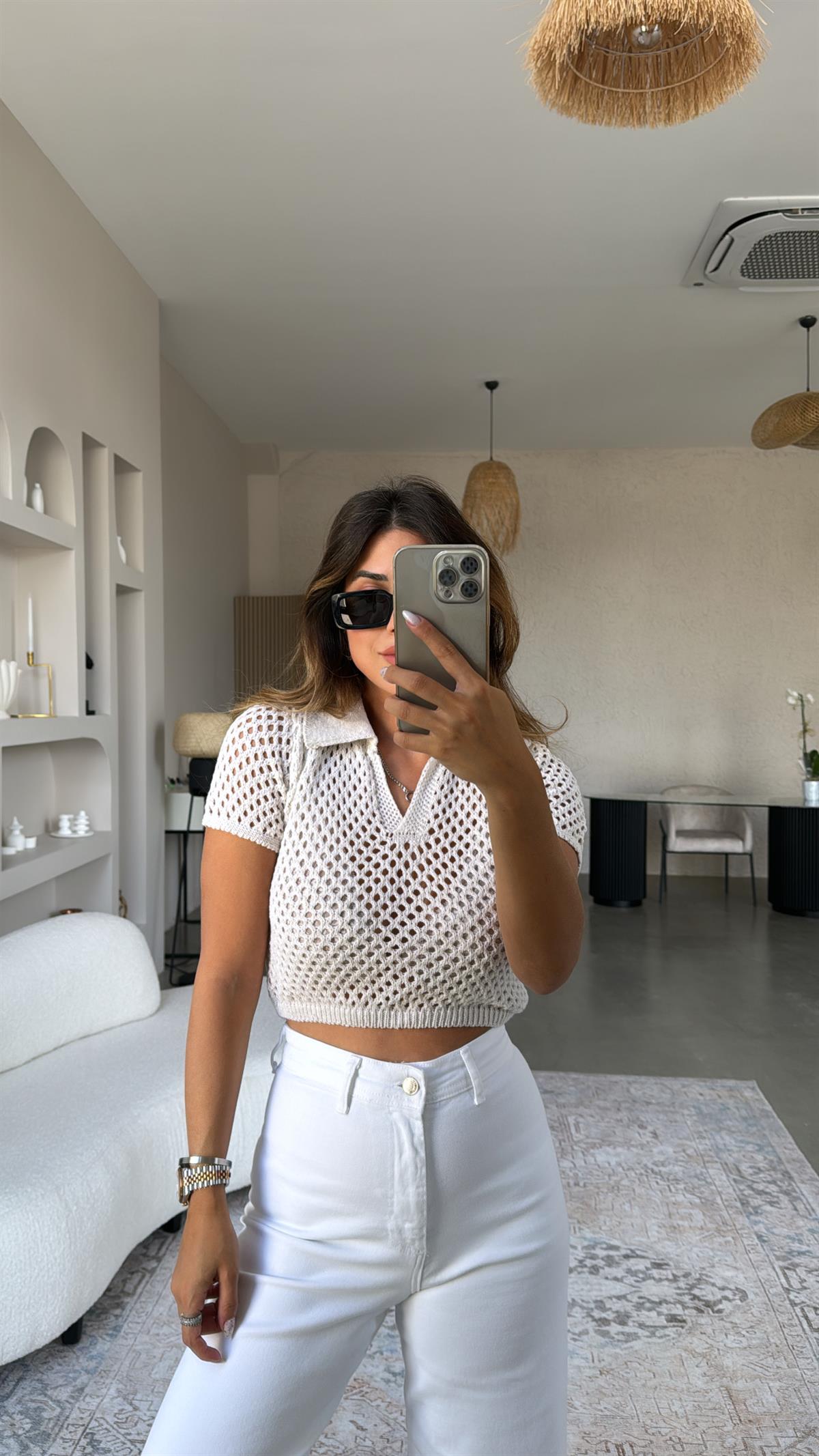 Ajur Kısa Kol Crop Bluz