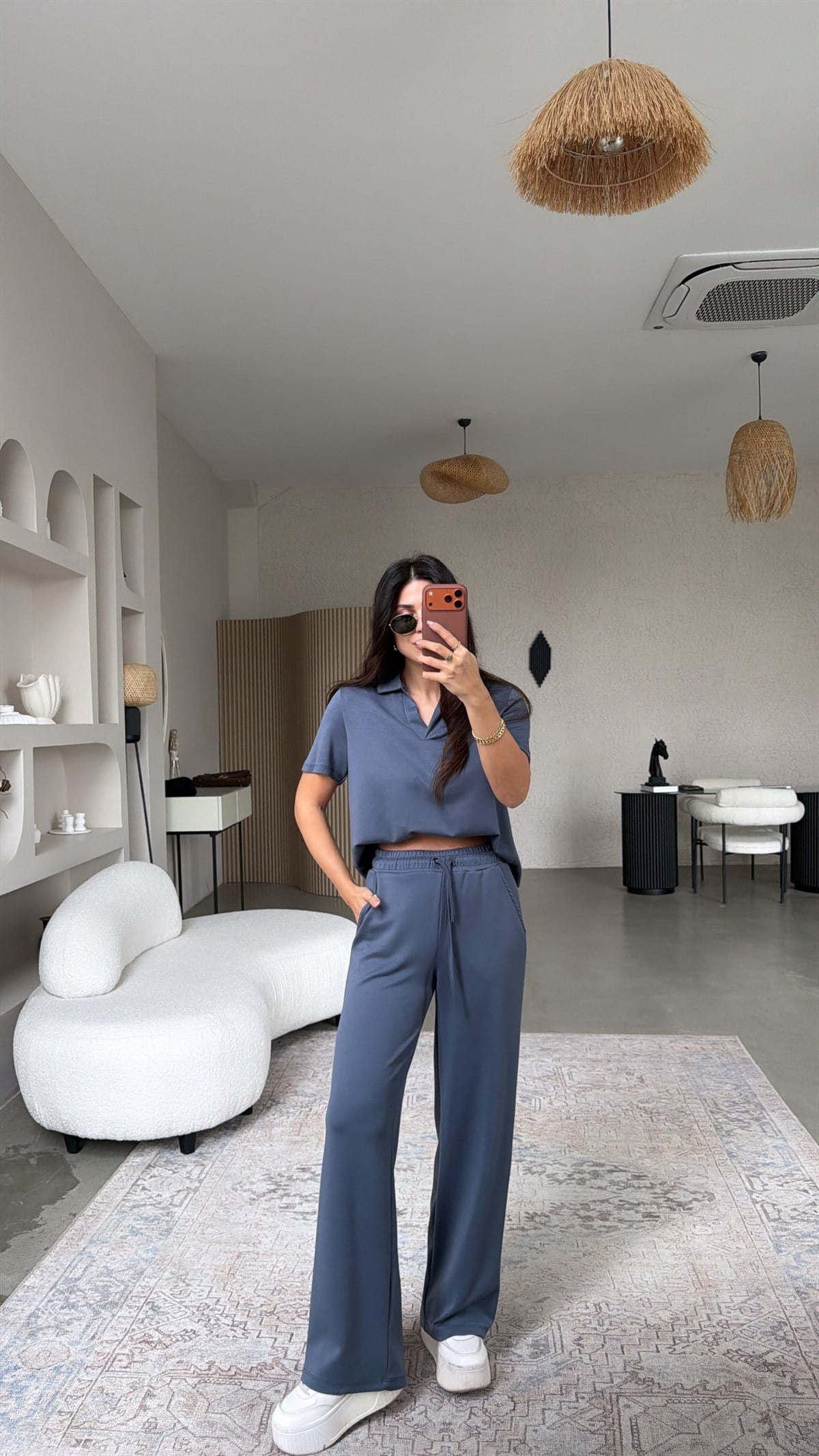 Antrasit Basic Modal Kumaş Yakalı Bol Paça Takım