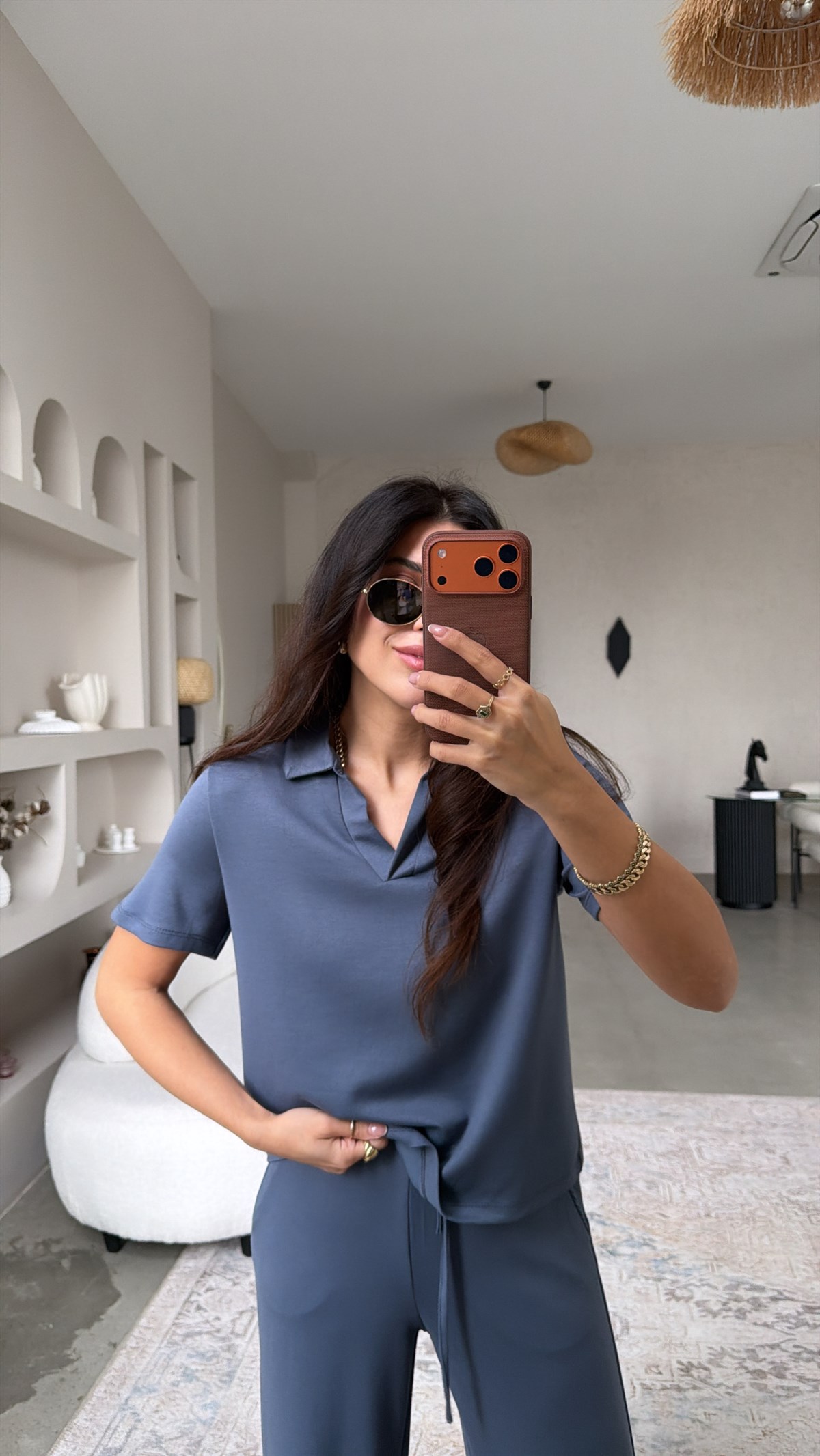 Antrasit Basic Modal Kumaş Yakalı Bol Paça Takım