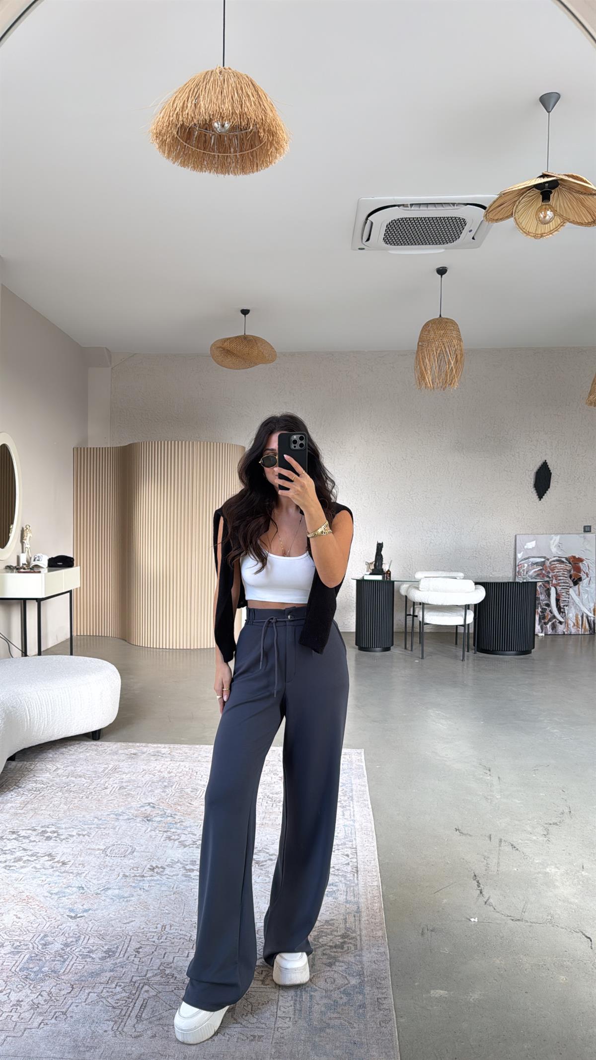 Antrasit Beli İpli Modal Kumaş Rahat Pantolon