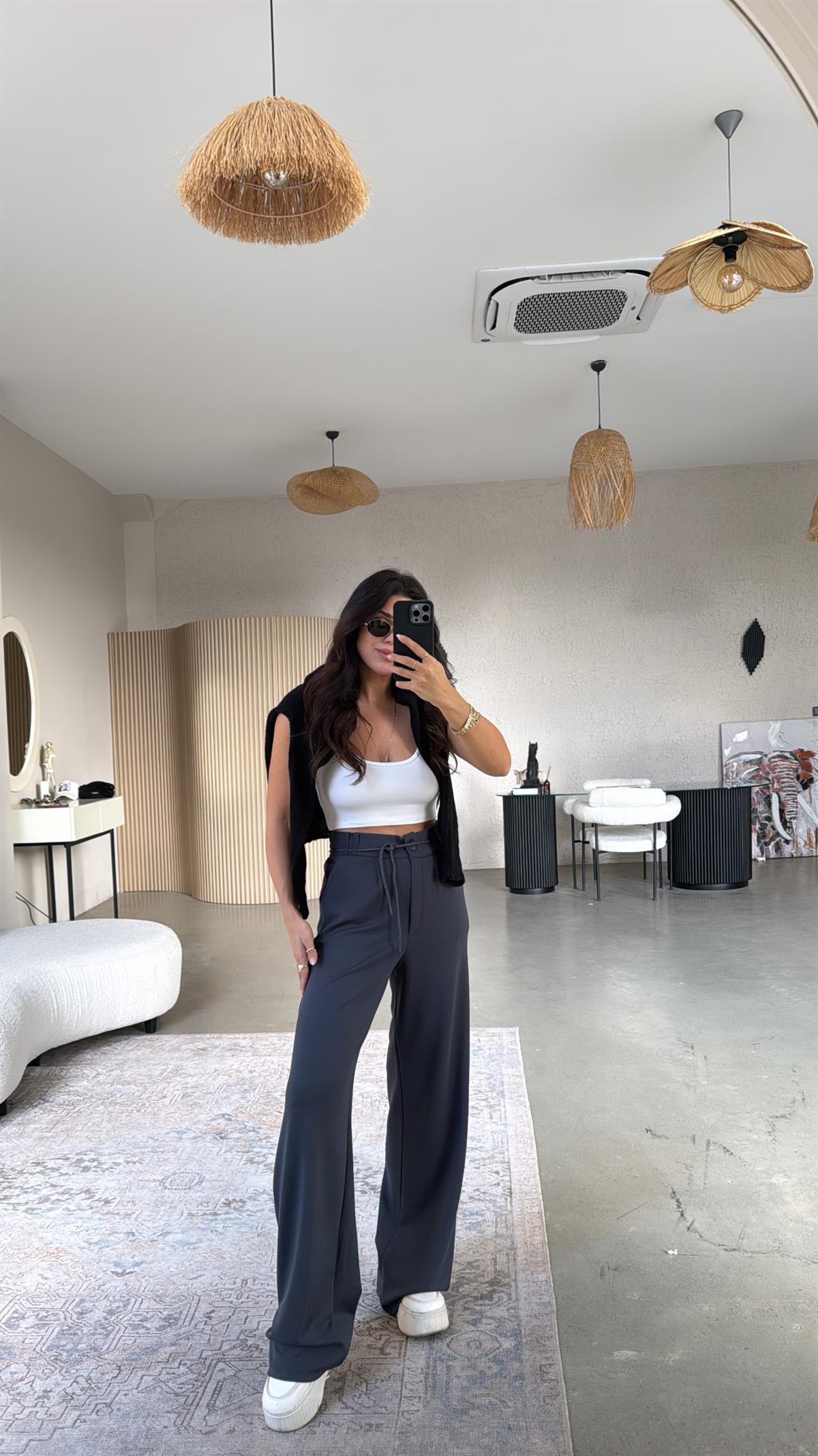 Antrasit Beli İpli Modal Kumaş Rahat Pantolon