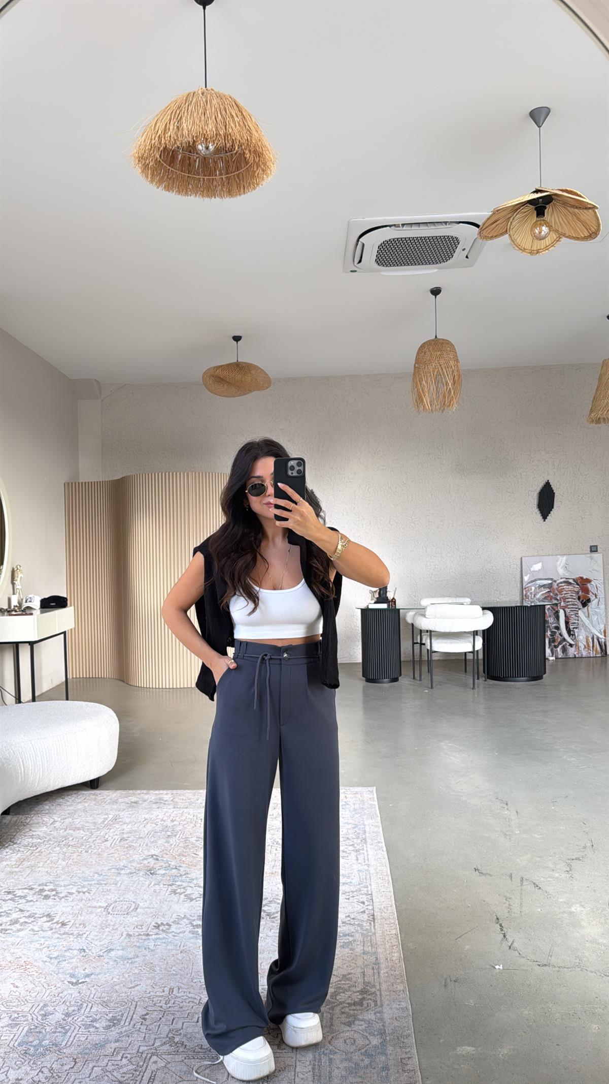 Antrasit Beli İpli Modal Kumaş Rahat Pantolon