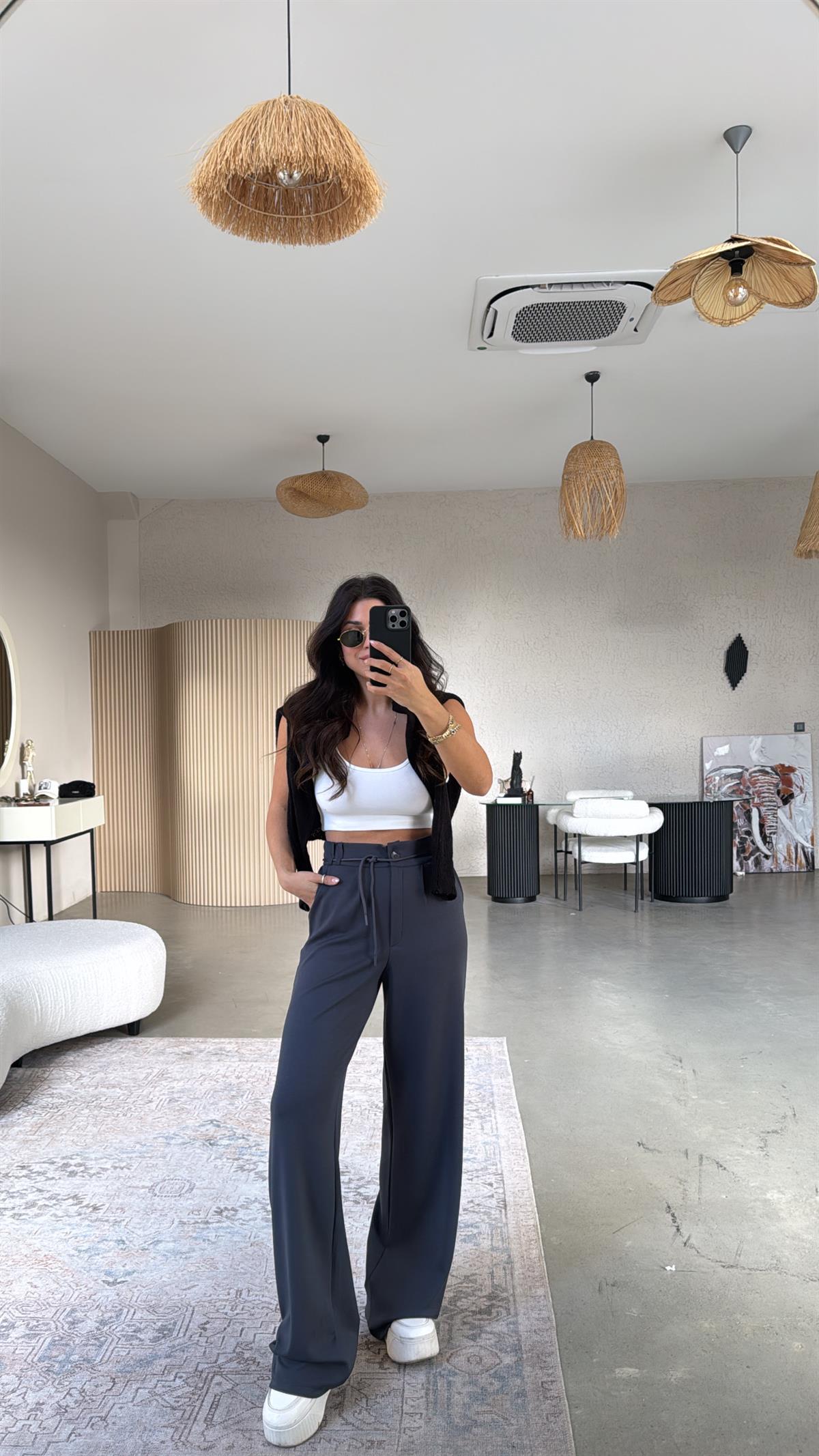 Antrasit Beli İpli Modal Kumaş Rahat Pantolon