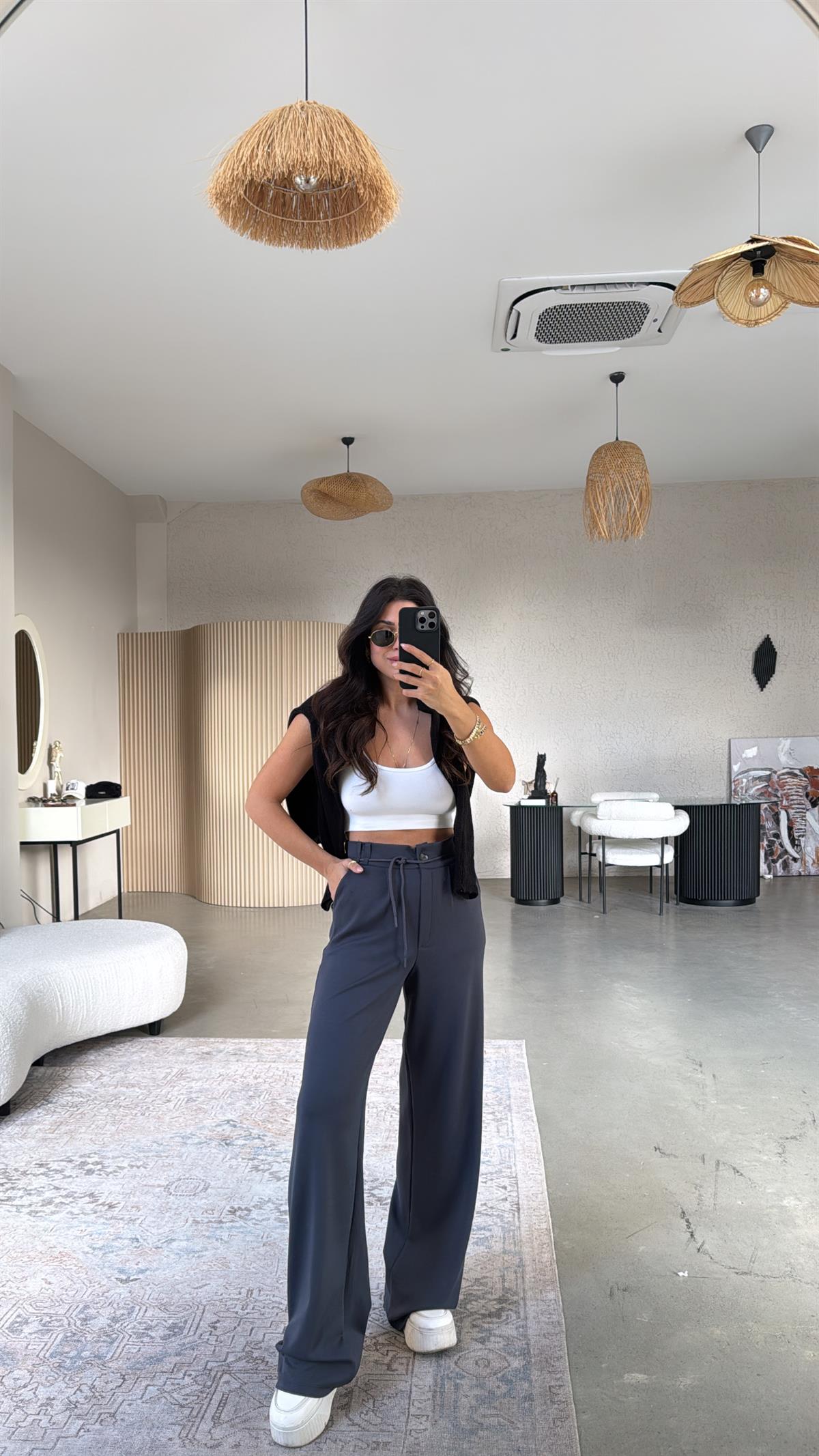 Antrasit Beli İpli Modal Kumaş Rahat Pantolon