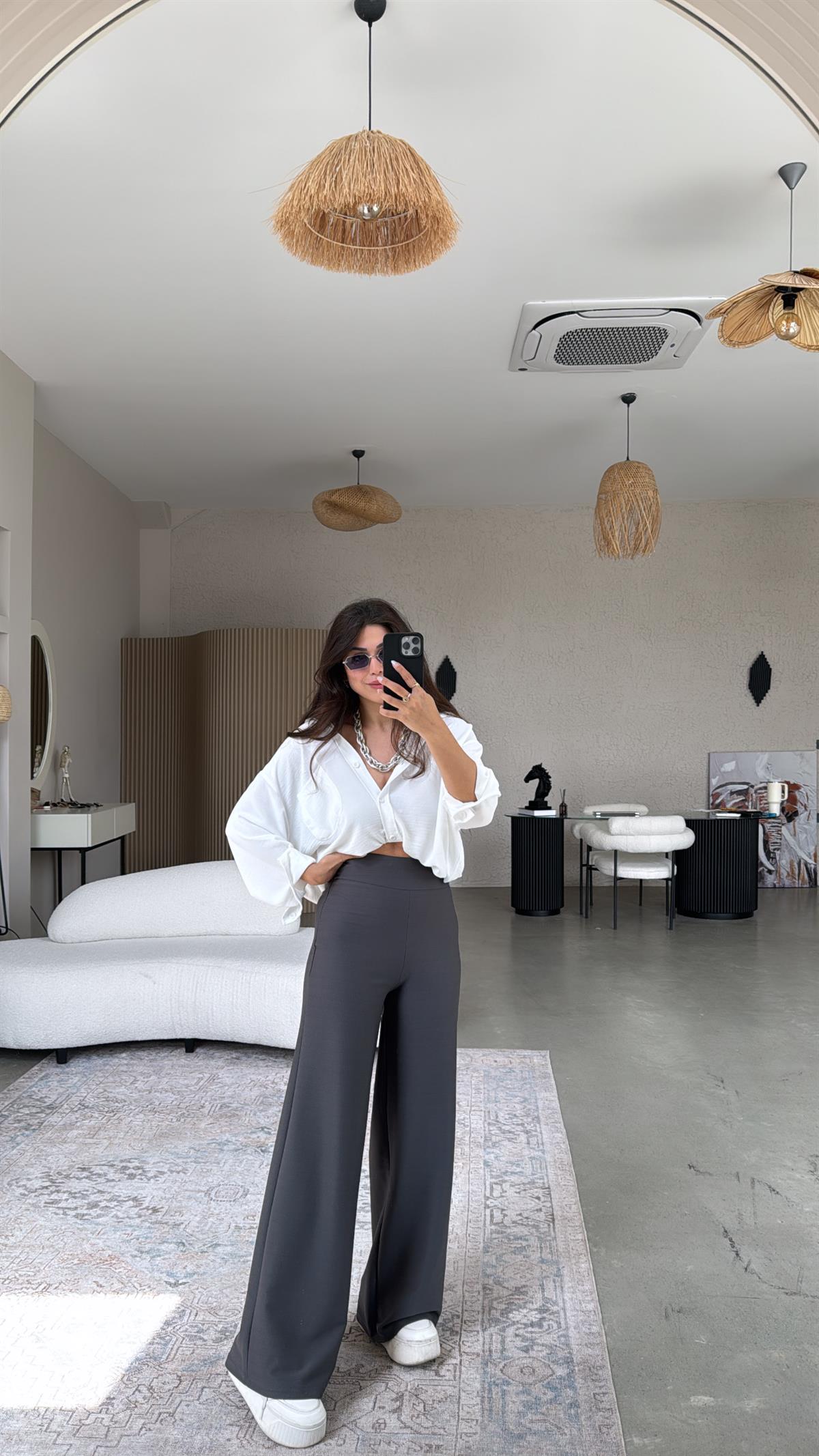 Antrasit Beli Korsajlı Kumaş Pantolon