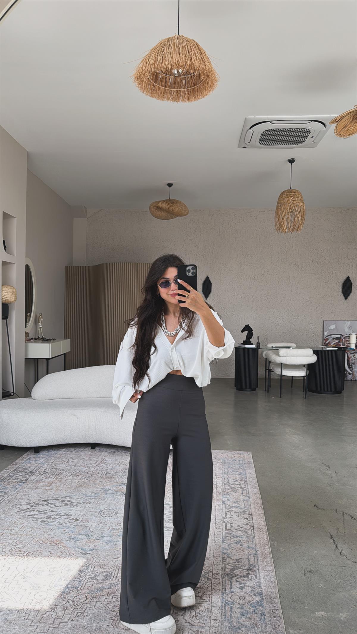 Antrasit Beli Korsajlı Kumaş Pantolon