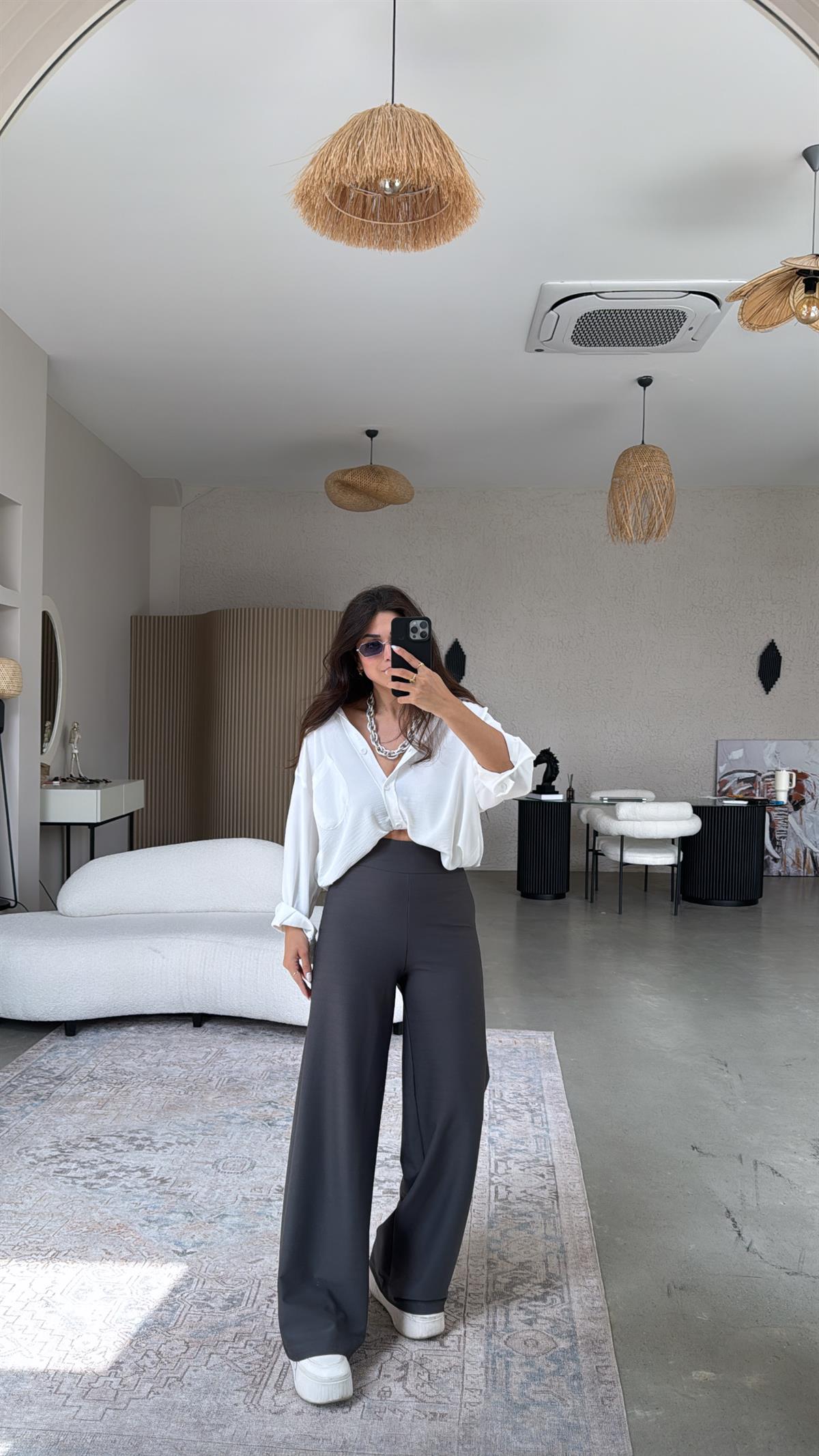 Antrasit Beli Korsajlı Kumaş Pantolon