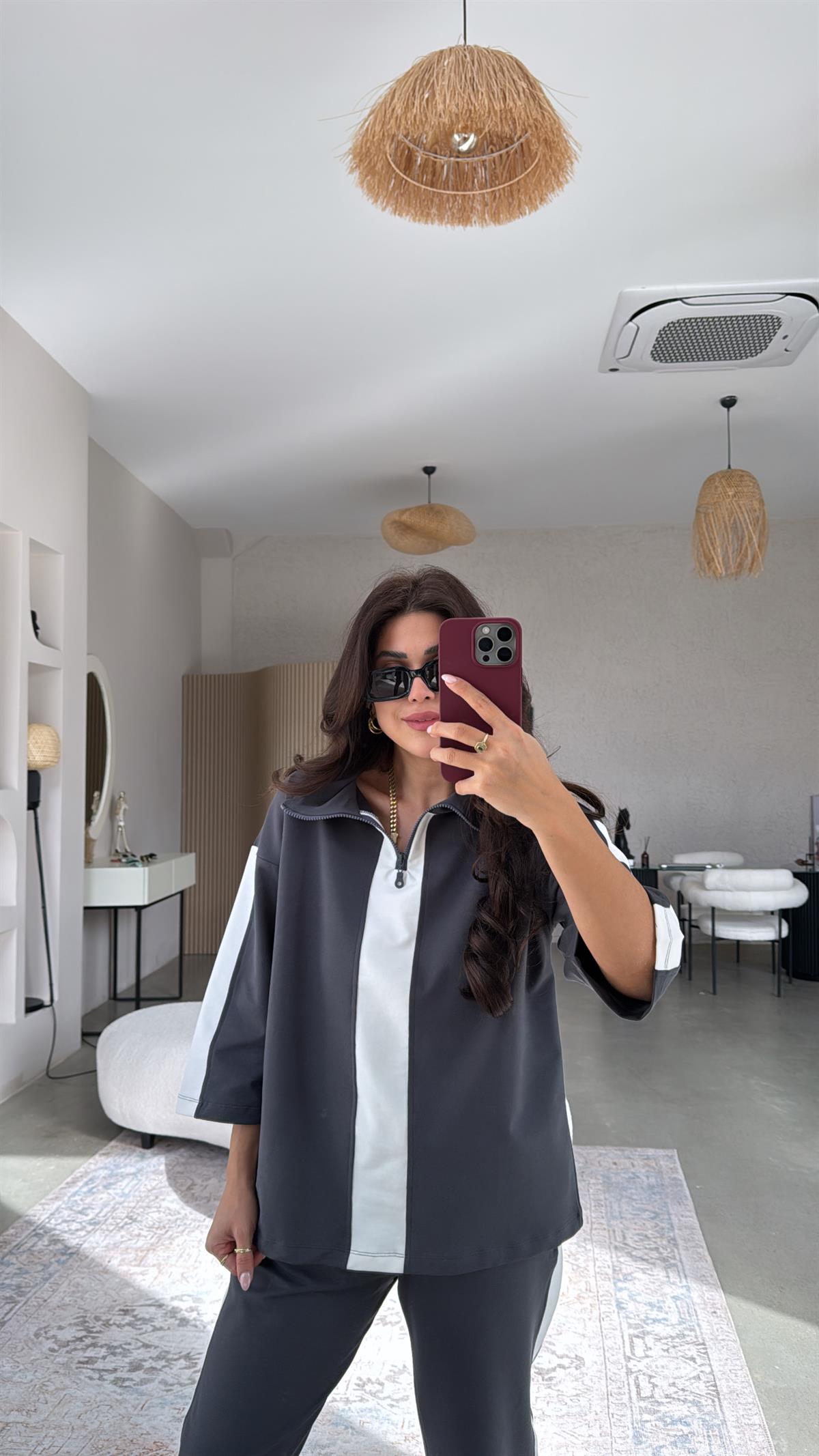 Antrasit Beyaz Şerit Detaylı Eşofman Takımı