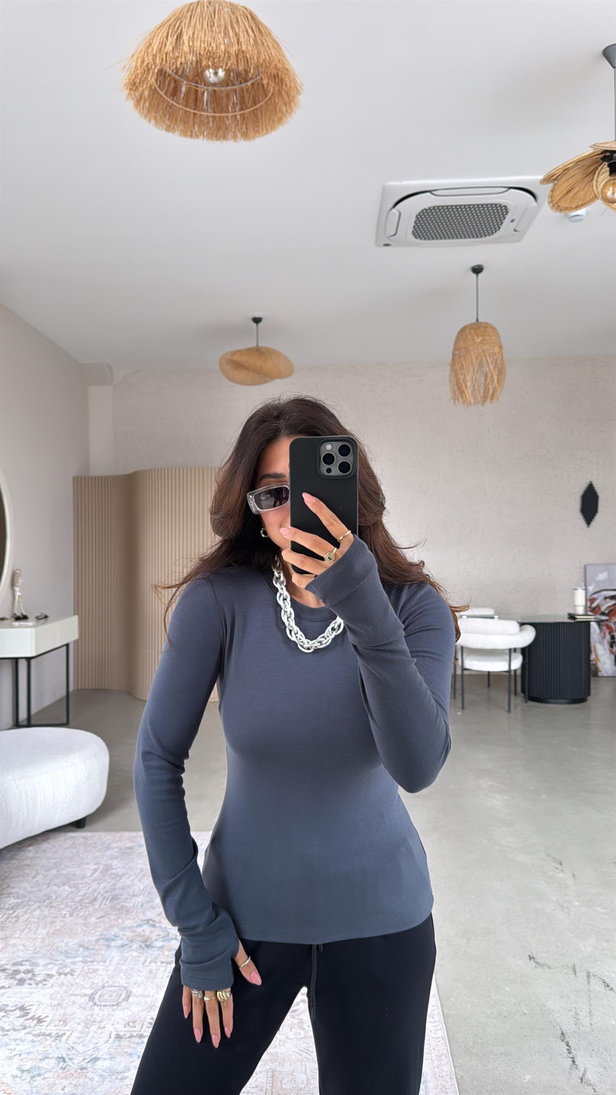 Antrasit Bisiklet Yaka Parmak Geçme Bluz