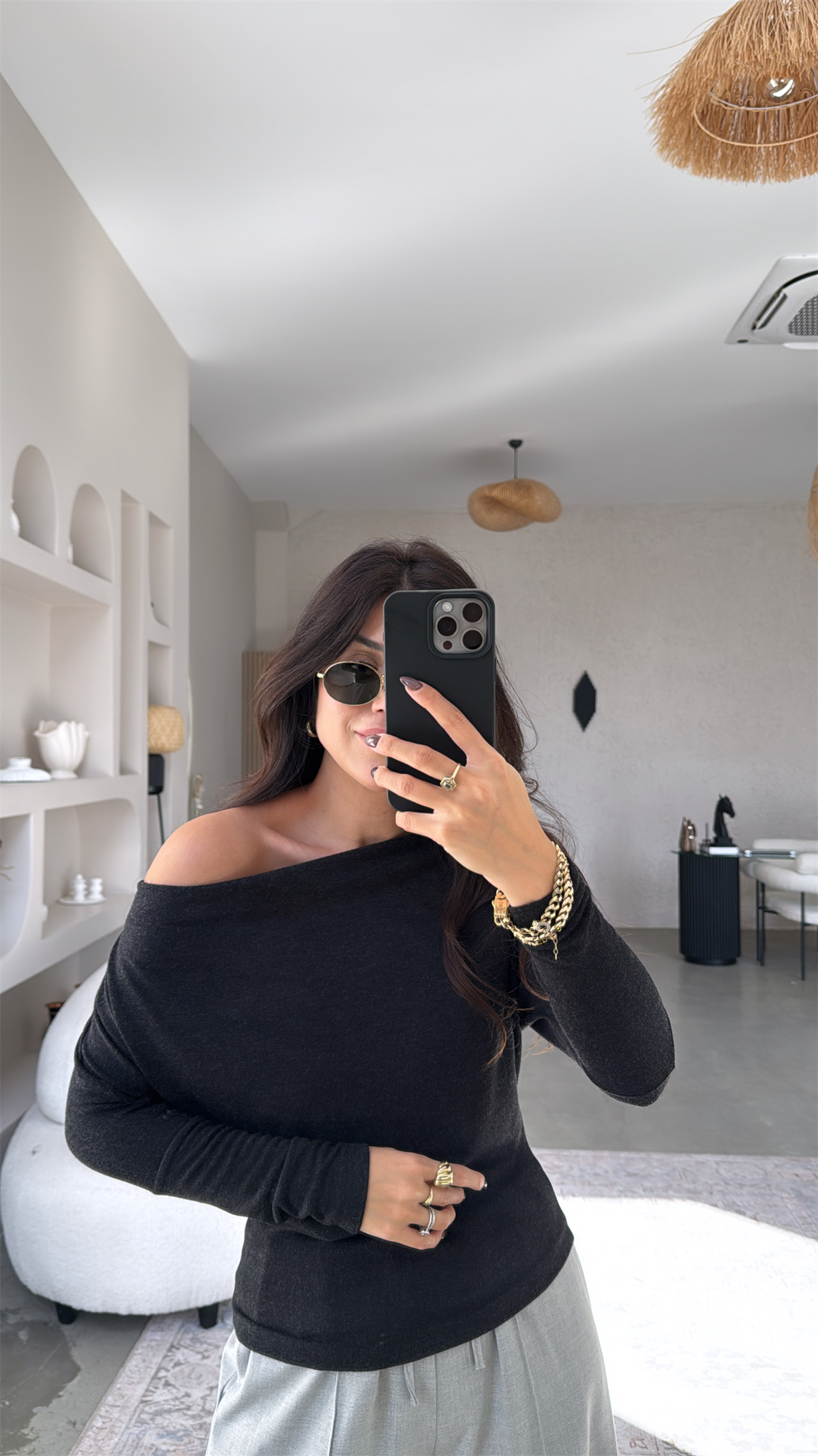 Antrasit Buzzy Omzu Açık Bluz