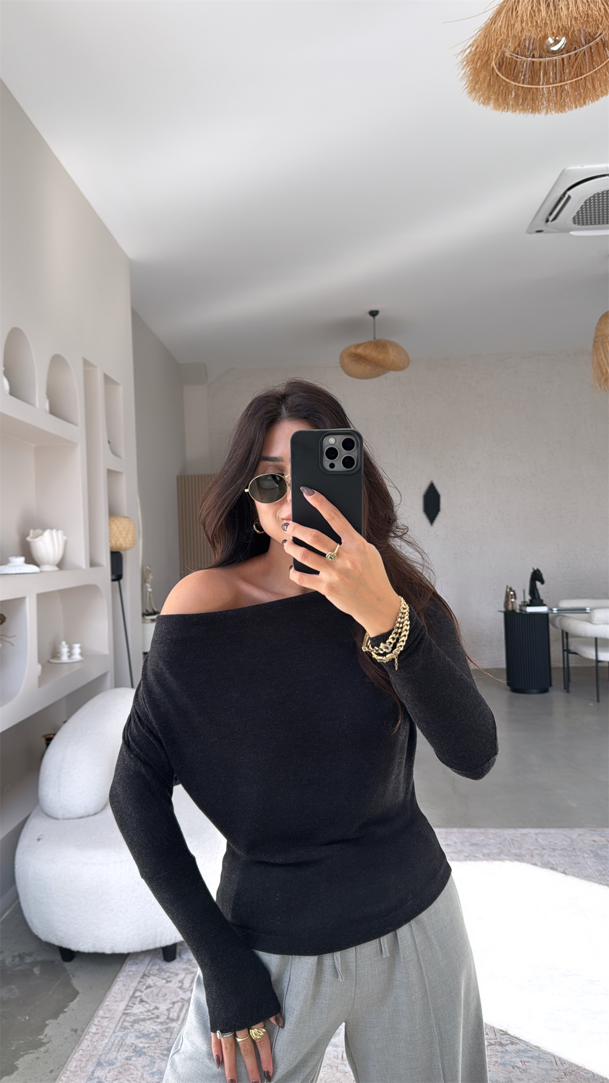 Antrasit Buzzy Omzu Açık Bluz