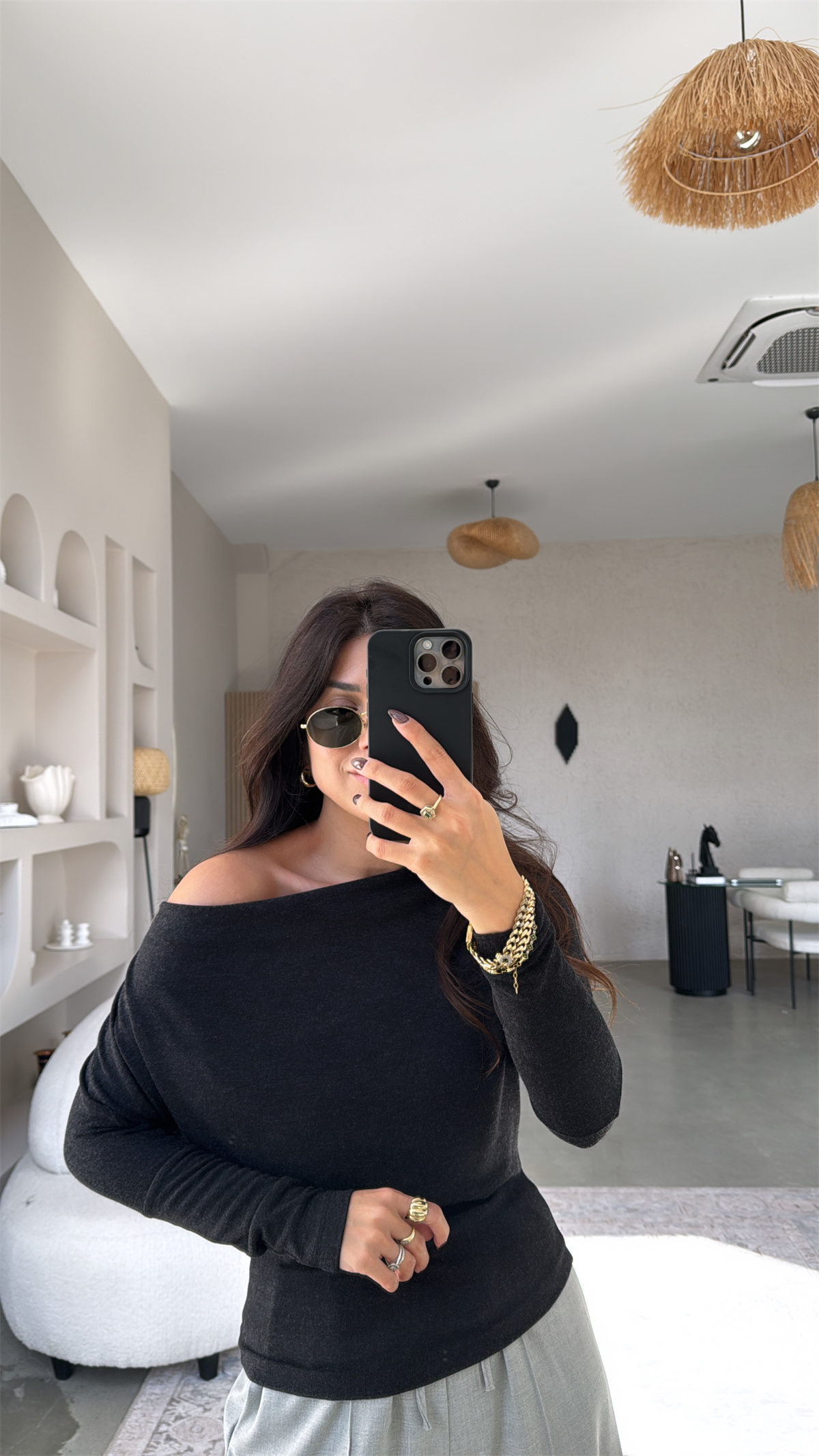 Antrasit Buzzy Omzu Açık Bluz