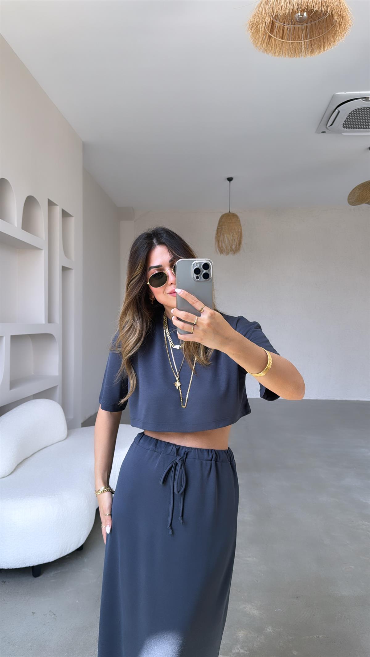 Antrasit Crop Tshirt Etek Takım