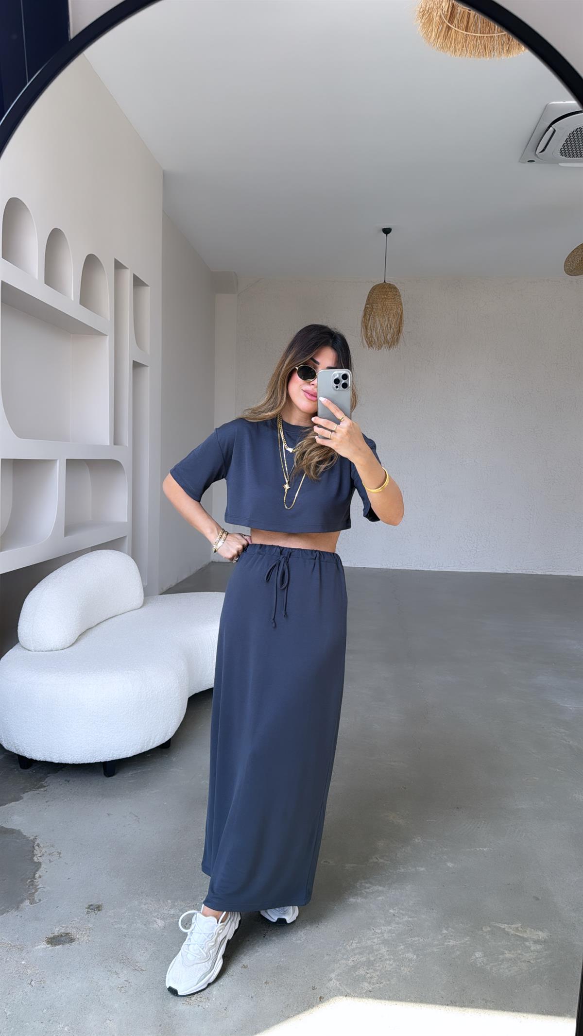 Antrasit Crop Tshirt Etek Takım