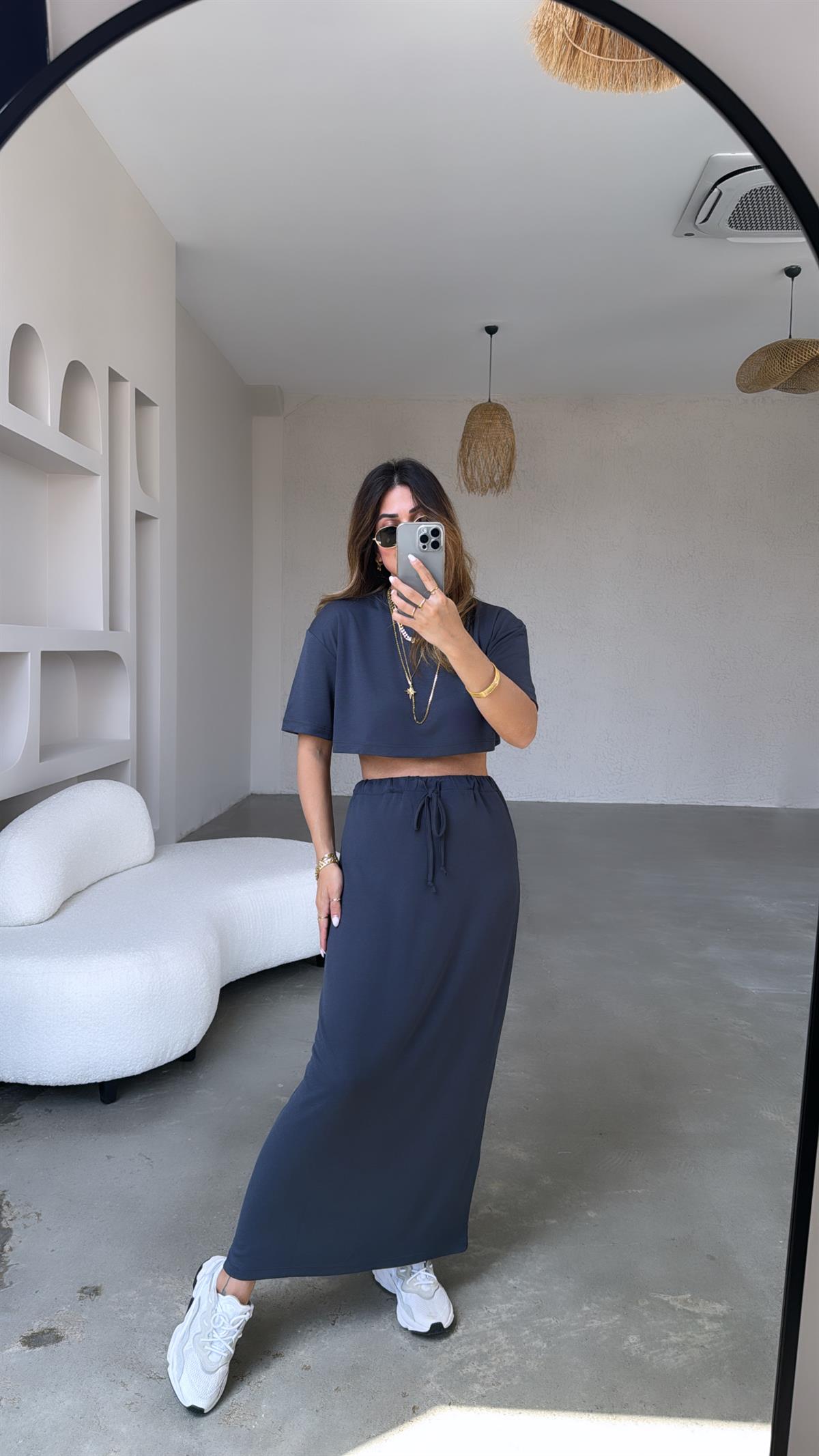 Antrasit Crop Tshirt Etek Takım