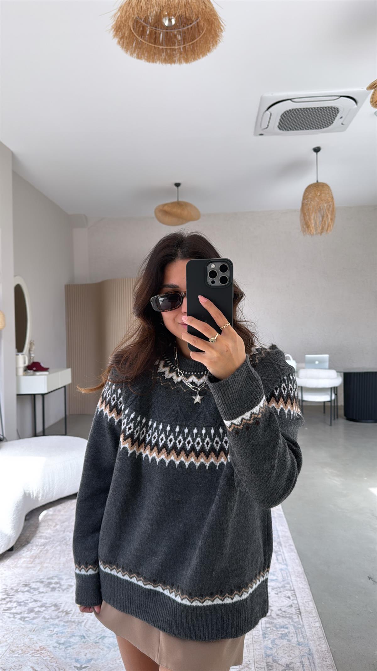 Antrasit Desenli Yumuşak Dokulu Kazak