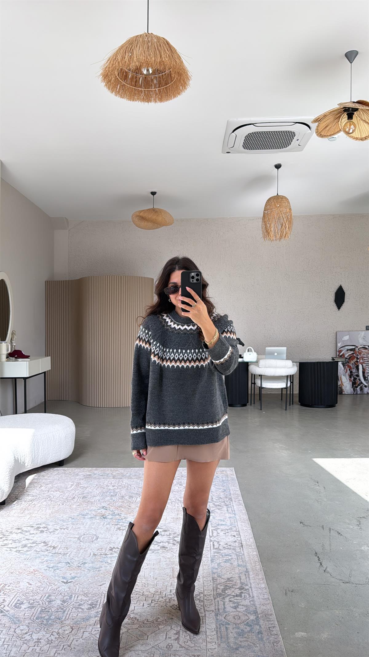 Antrasit Desenli Yumuşak Dokulu Kazak