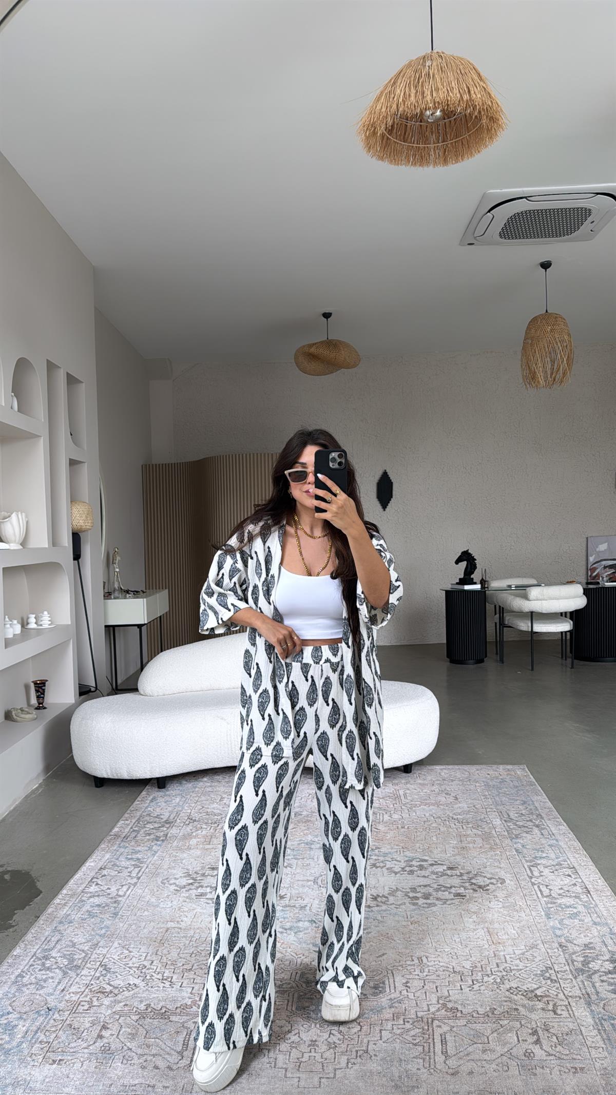 Antrasit Etnik Desenli Bürümcük Ceketli Takım