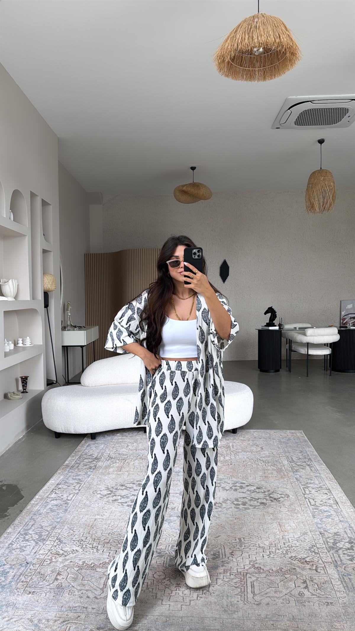 Antrasit Etnik Desenli Bürümcük Ceketli Takım