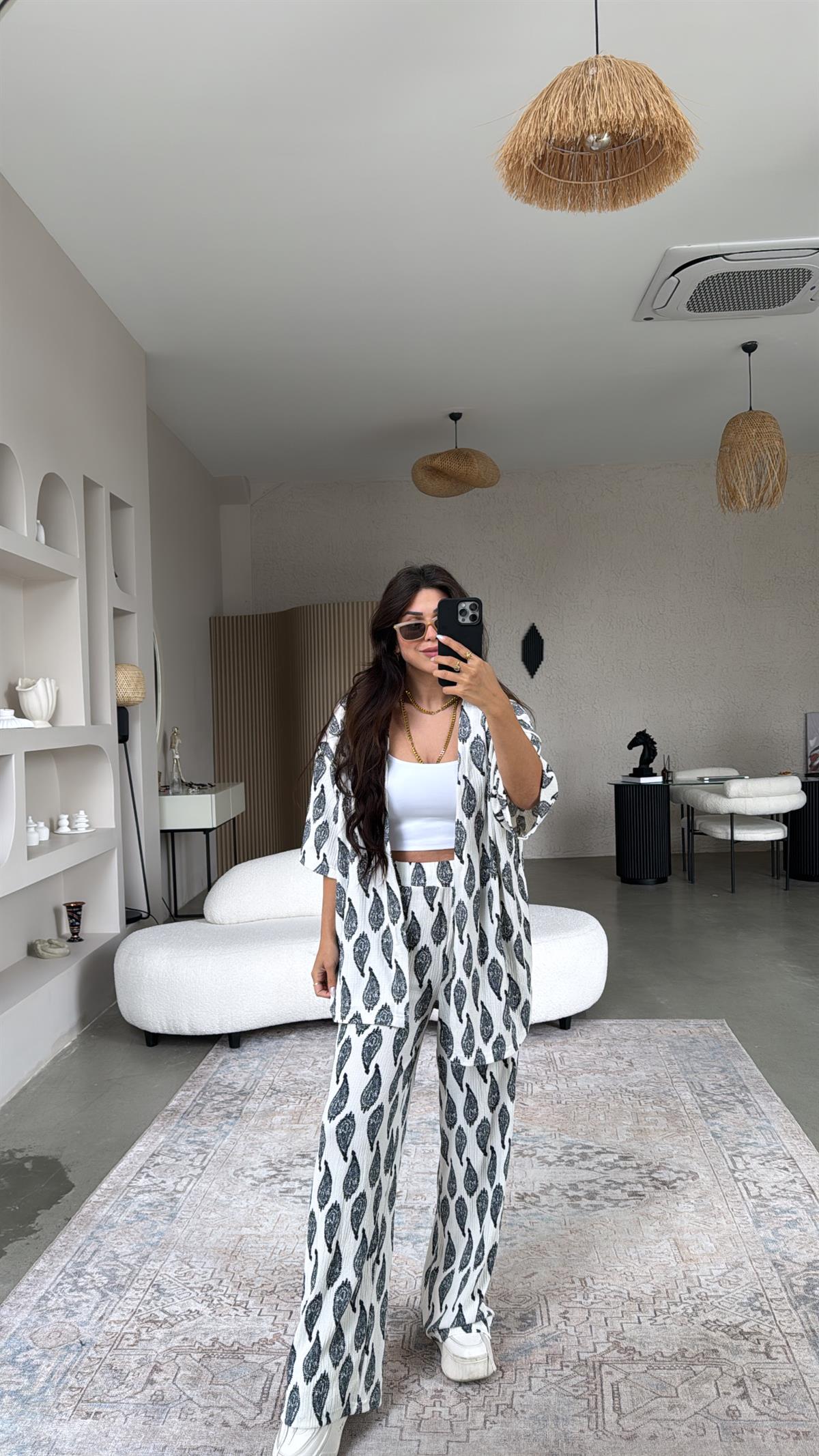 Antrasit Etnik Desenli Bürümcük Ceketli Takım