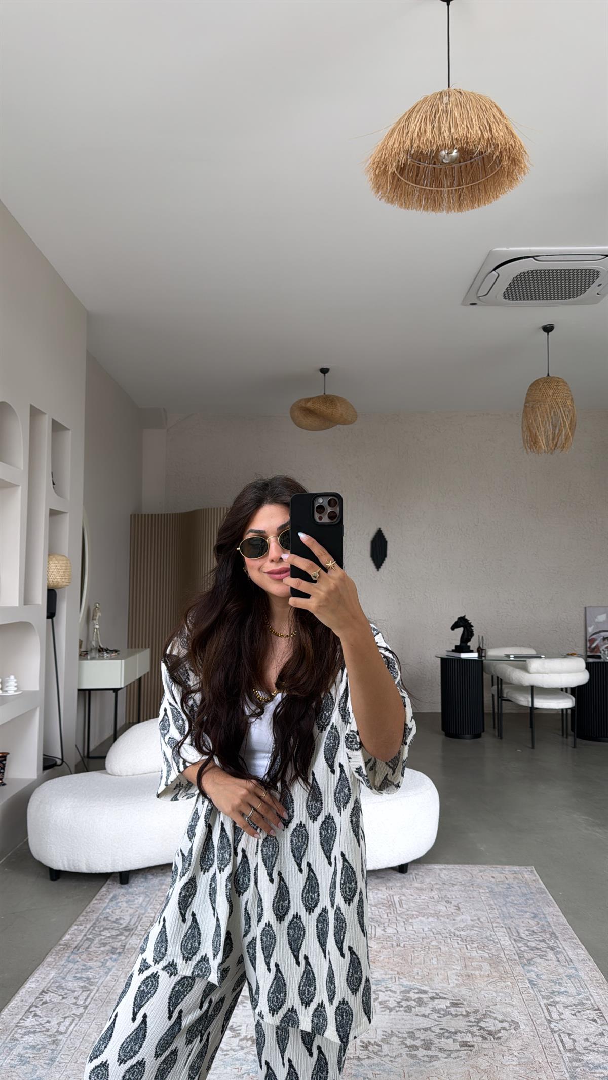 Antrasit Etnik Desenli Bürümcük Ceketli Takım