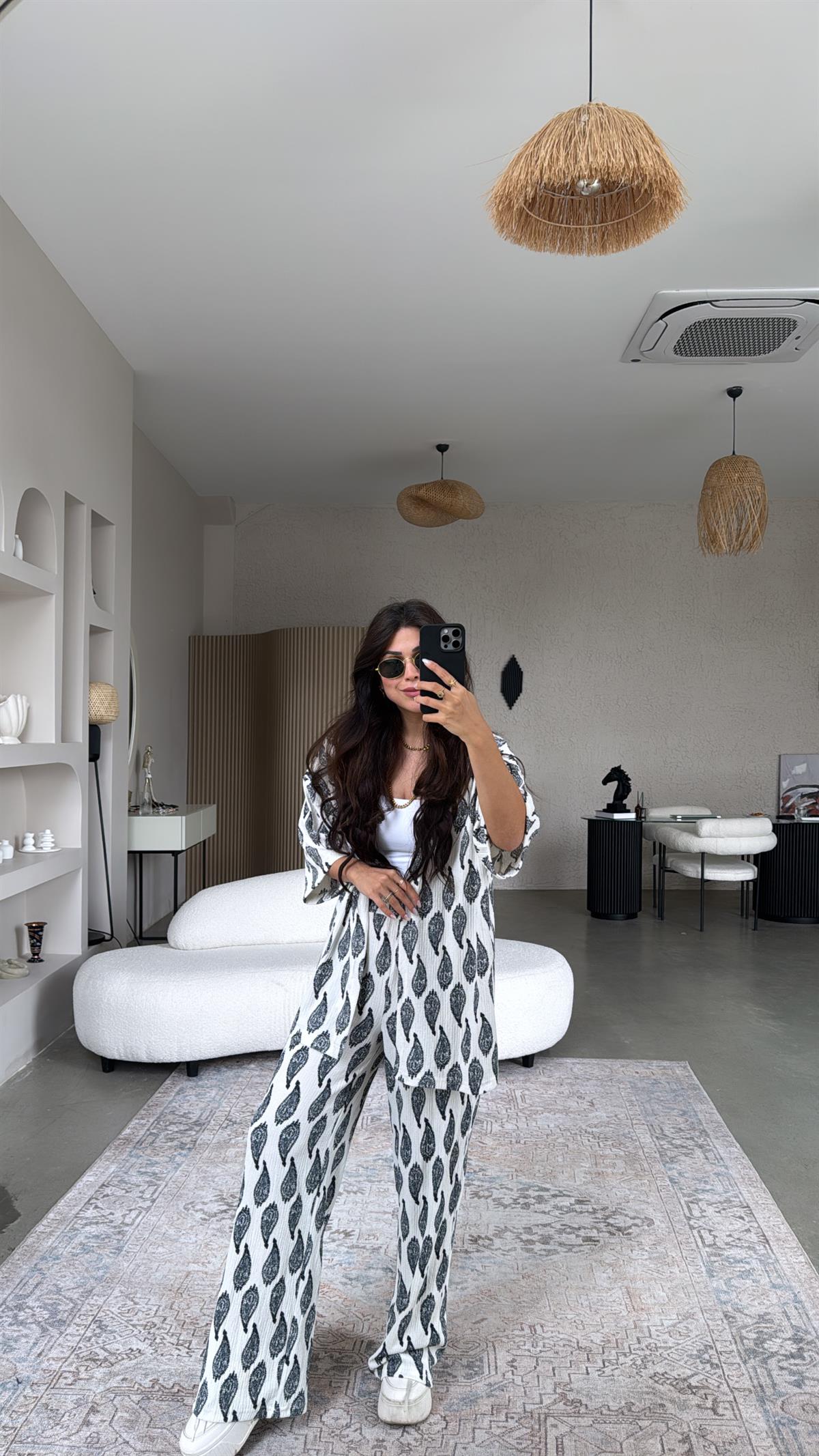 Antrasit Etnik Desenli Bürümcük Ceketli Takım