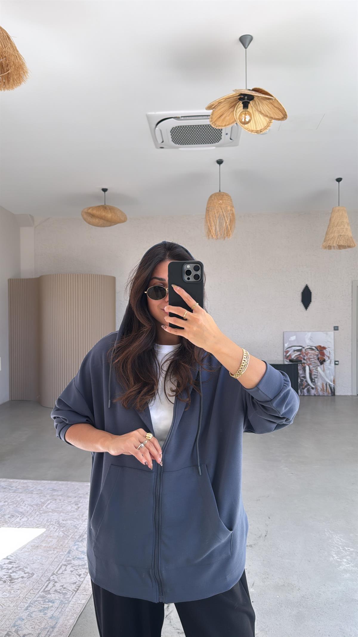 Antrasit Fermuarlı Modal Hoodie