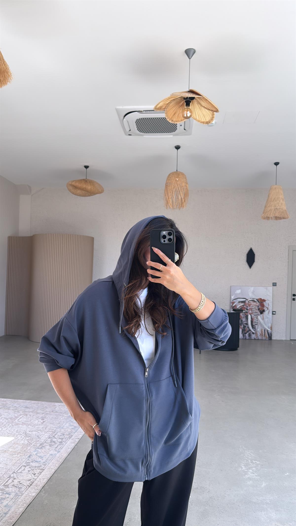 Antrasit Fermuarlı Modal Hoodie