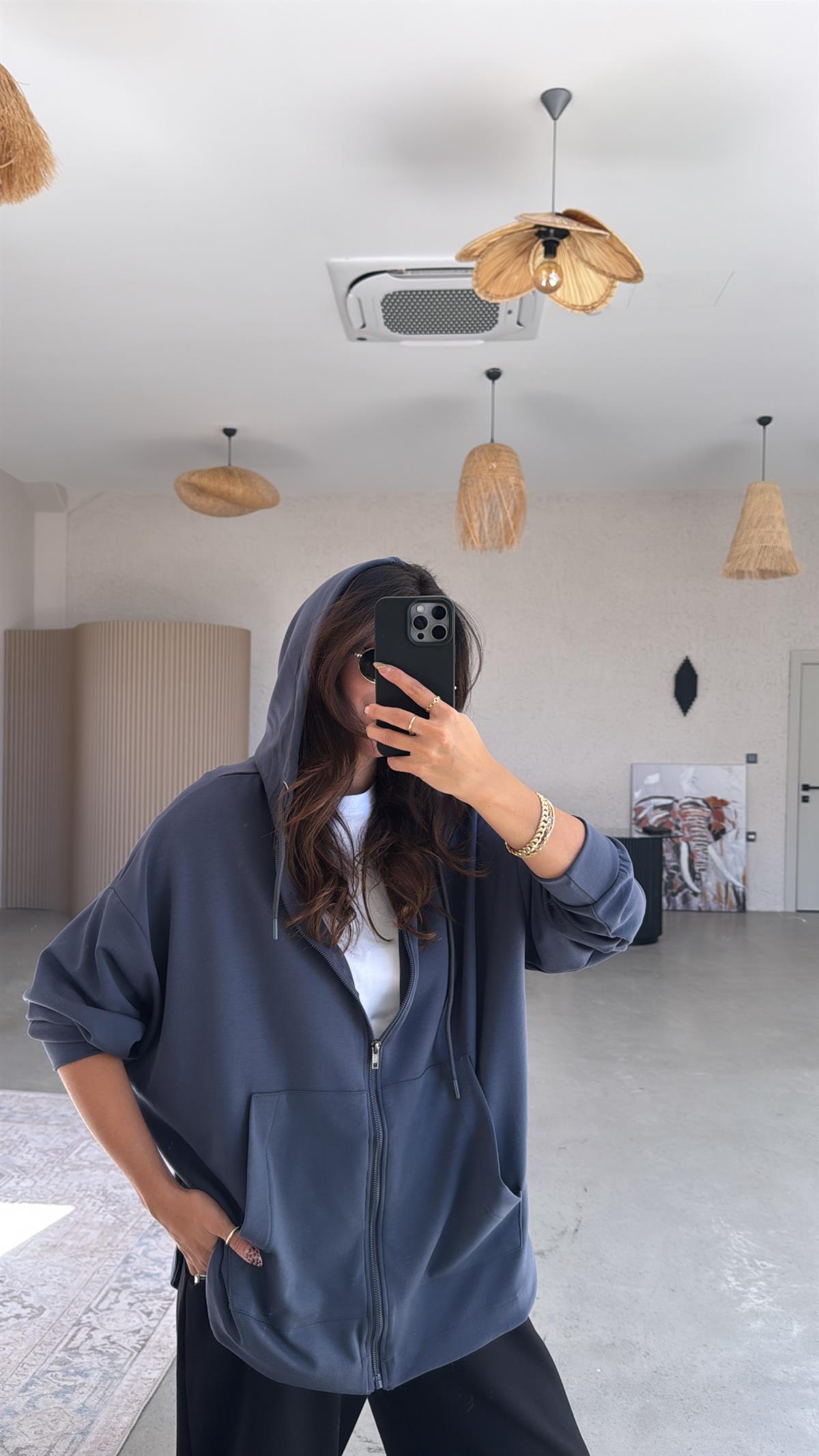 Antrasit Fermuarlı Modal Hoodie