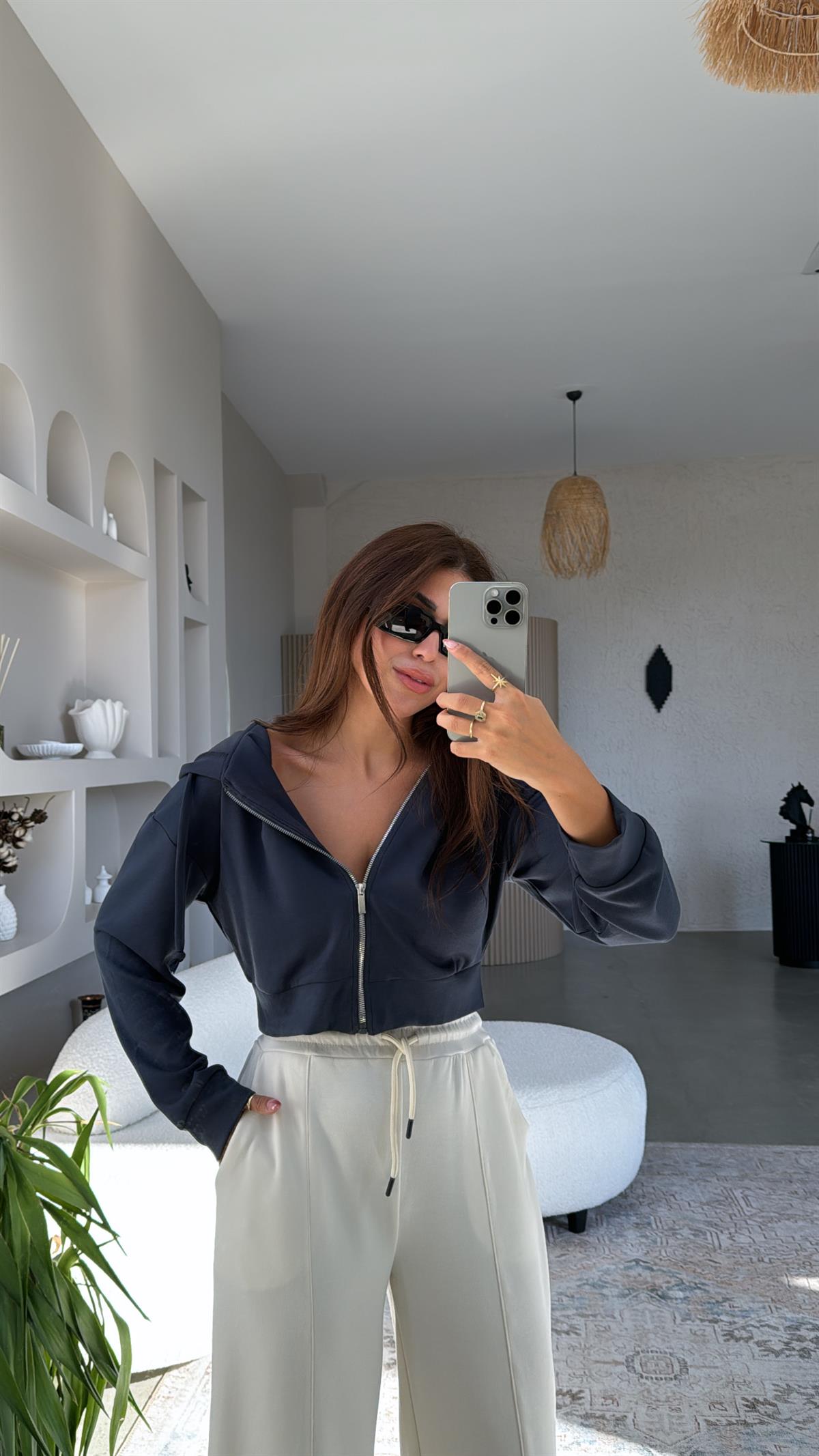 Antrasit Fermuarlı Modal Kısa Ceket