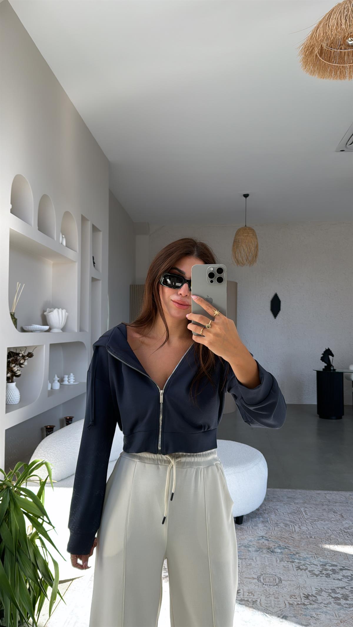 Antrasit Fermuarlı Modal Kısa Ceket