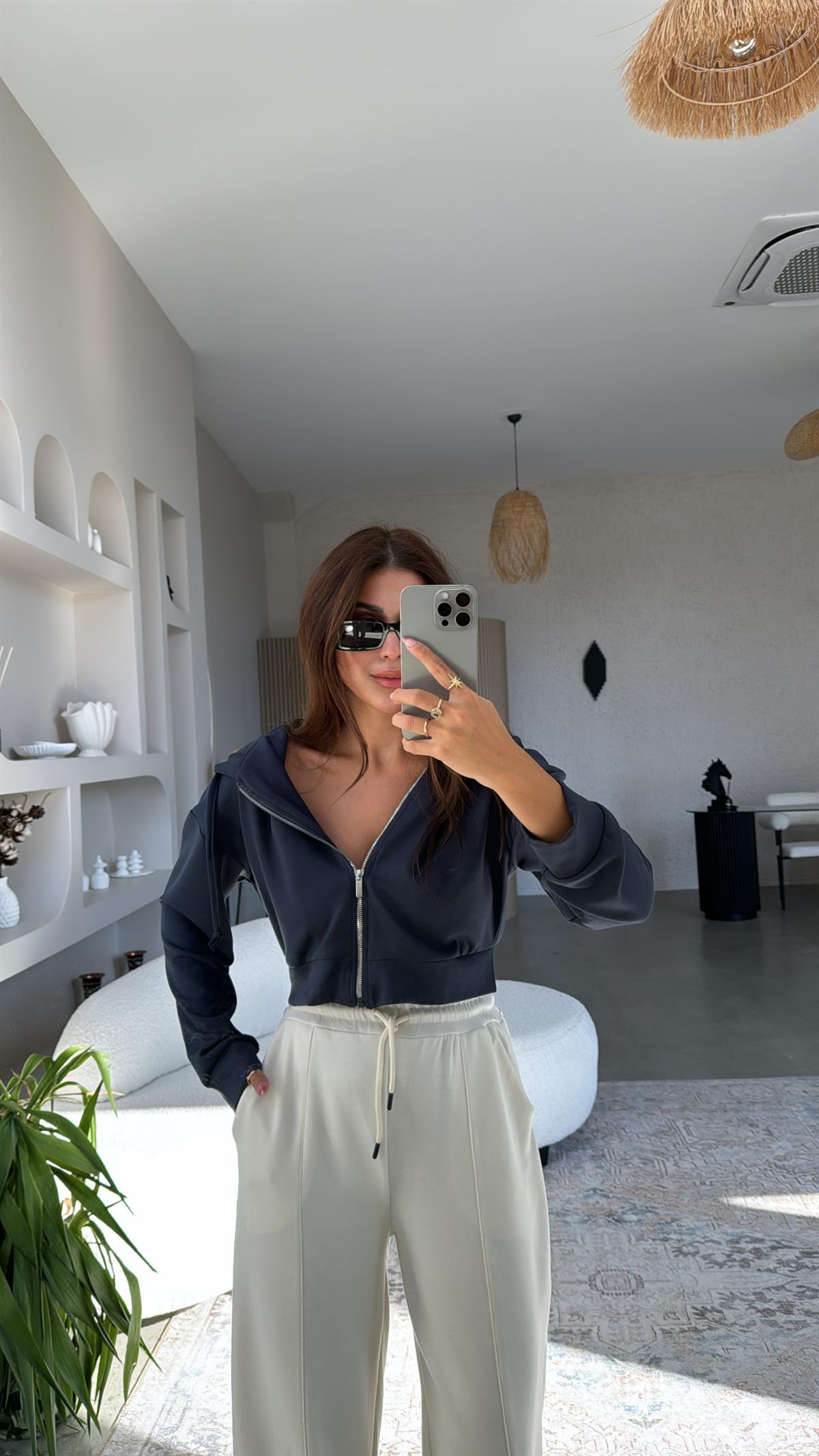 Antrasit Fermuarlı Modal Kısa Ceket