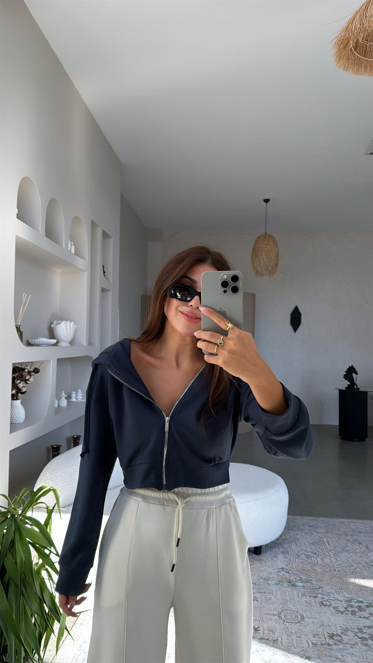 Antrasit Fermuarlı Modal Kısa Ceket