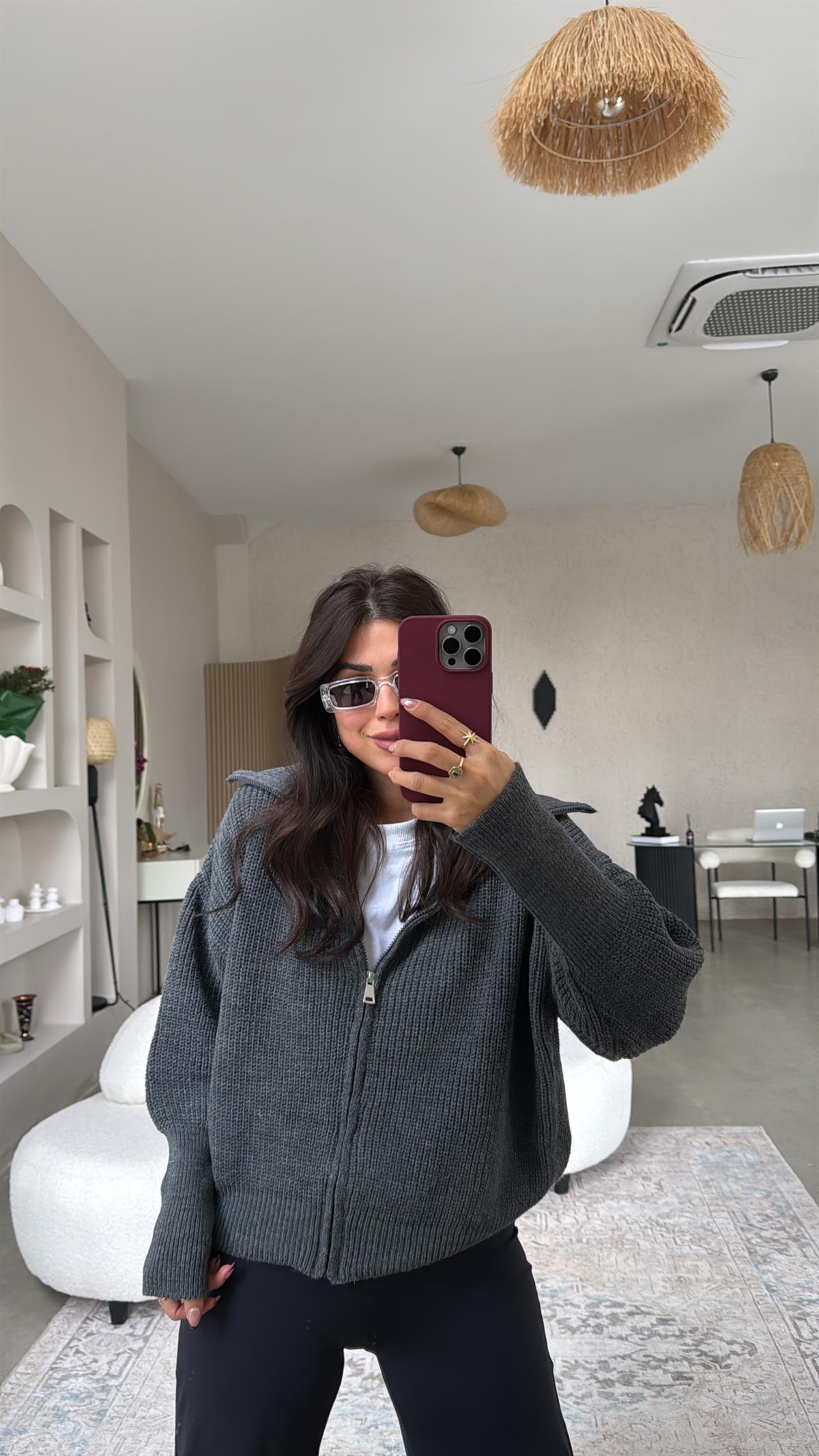 Antrasit Fermuarlı Selanik Hırka