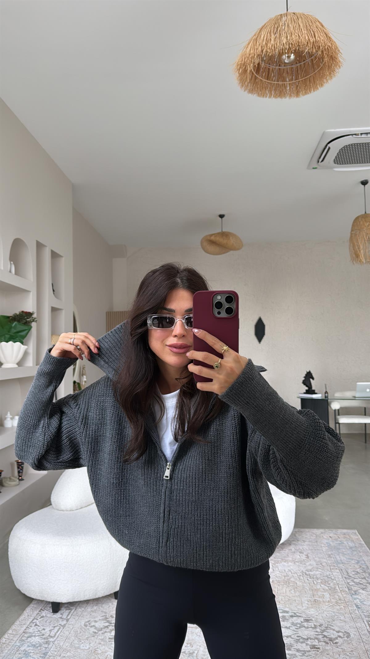 Antrasit Fermuarlı Selanik Hırka