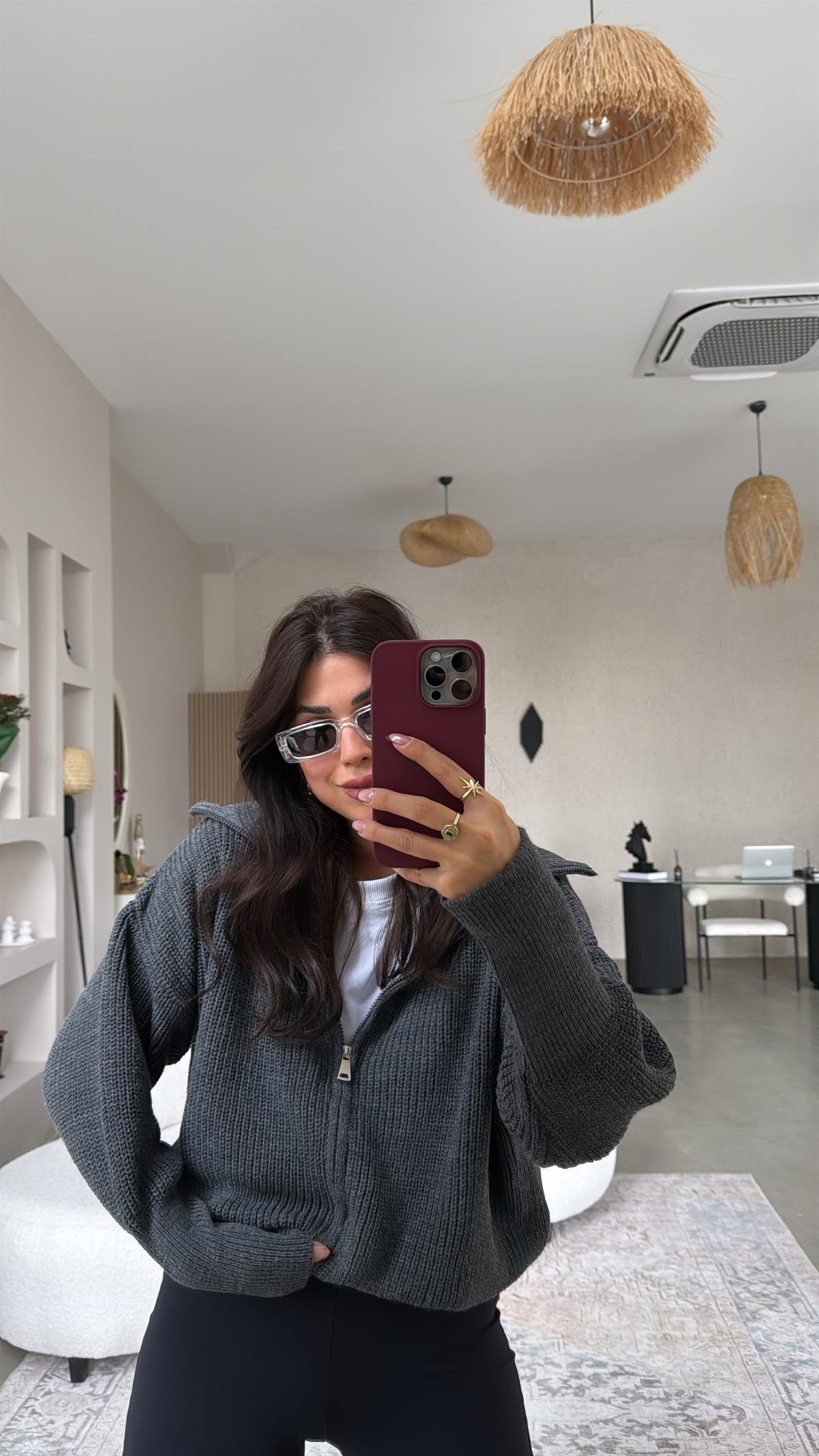 Antrasit Fermuarlı Selanik Hırka