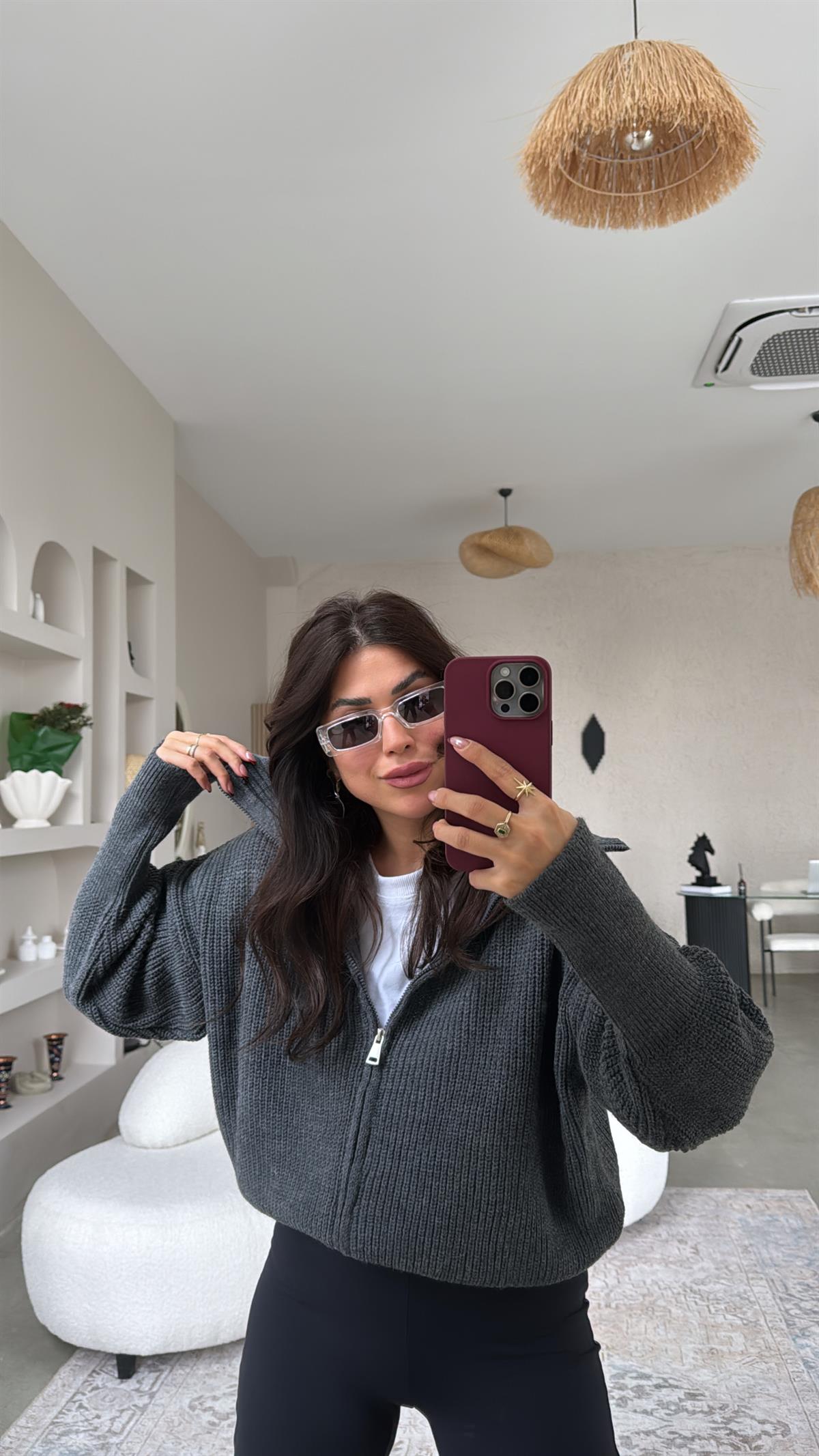 Antrasit Fermuarlı Selanik Hırka