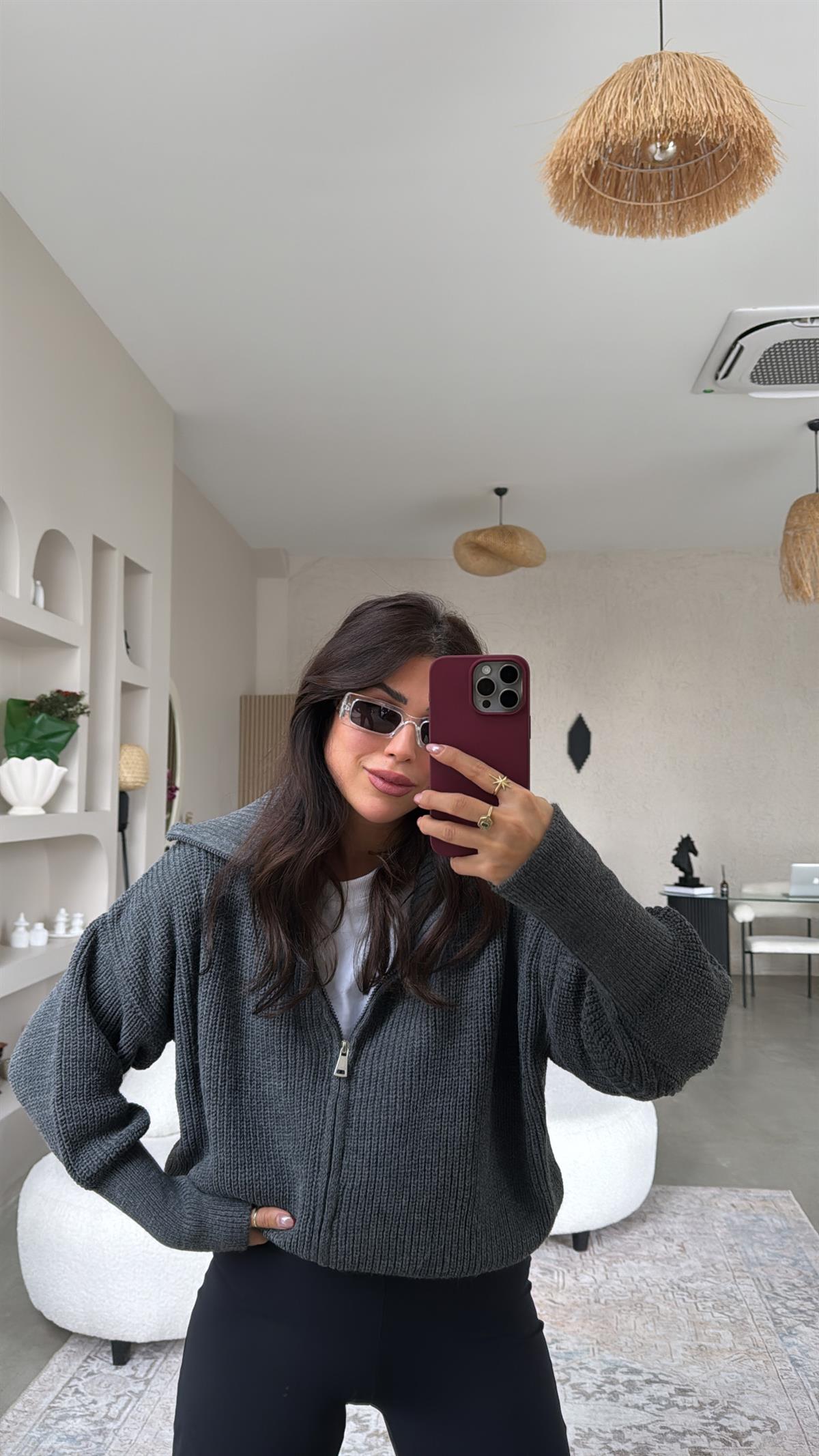 Antrasit Fermuarlı Selanik Hırka