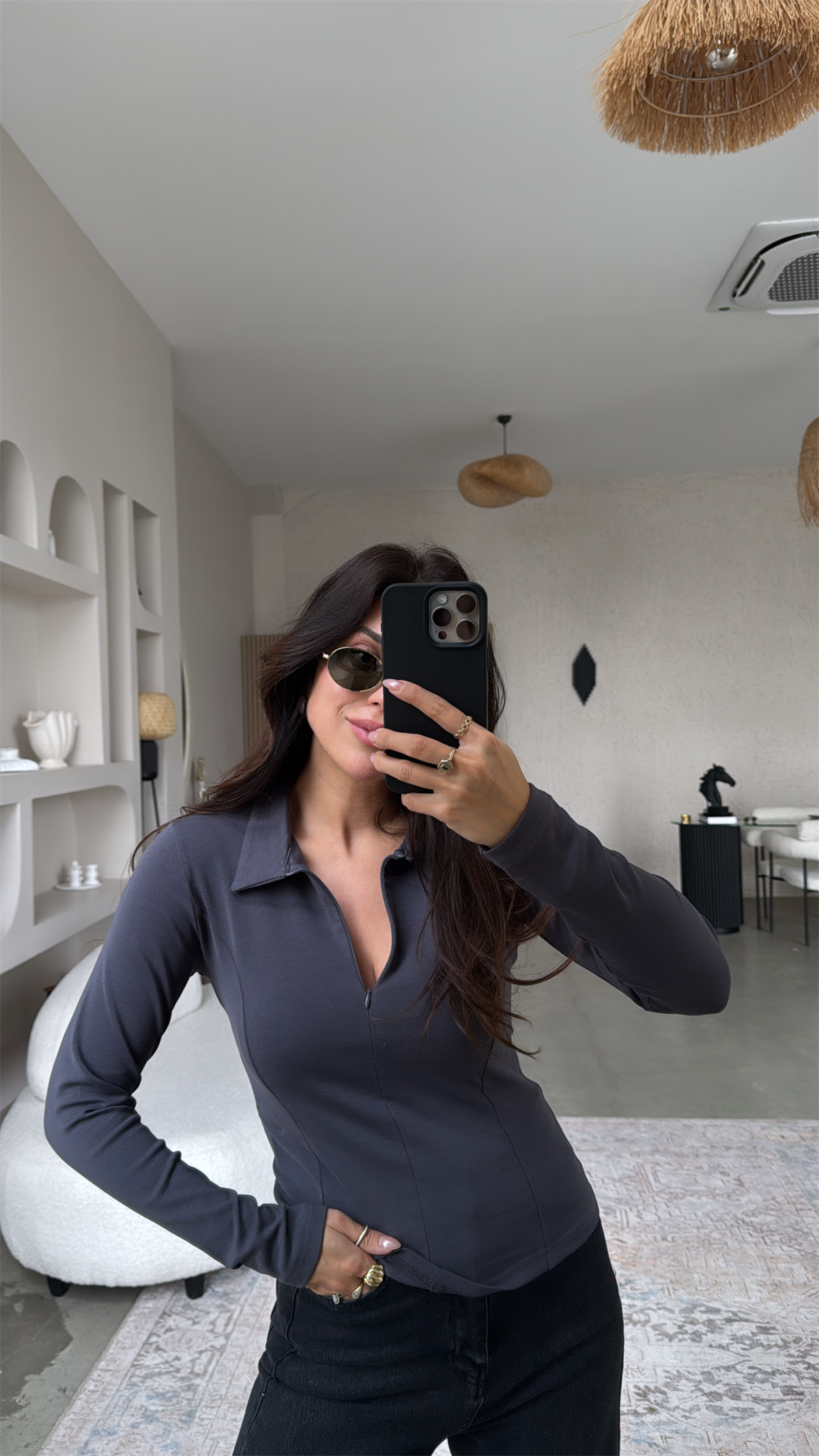 Antrasit Fermuarlı Yakalı Modal Bluz