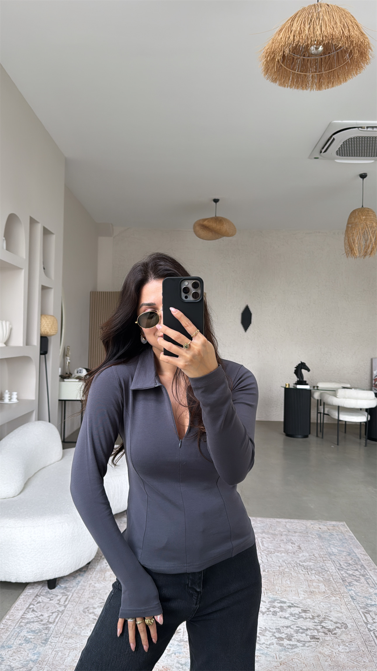 Antrasit Fermuarlı Yakalı Modal Bluz