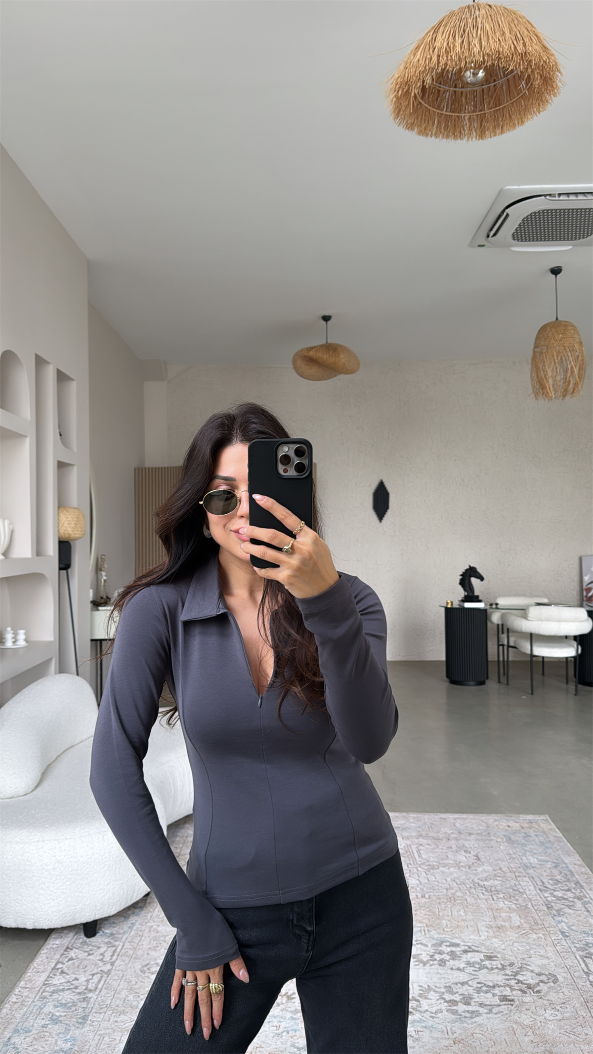 Antrasit Fermuarlı Yakalı Modal Bluz