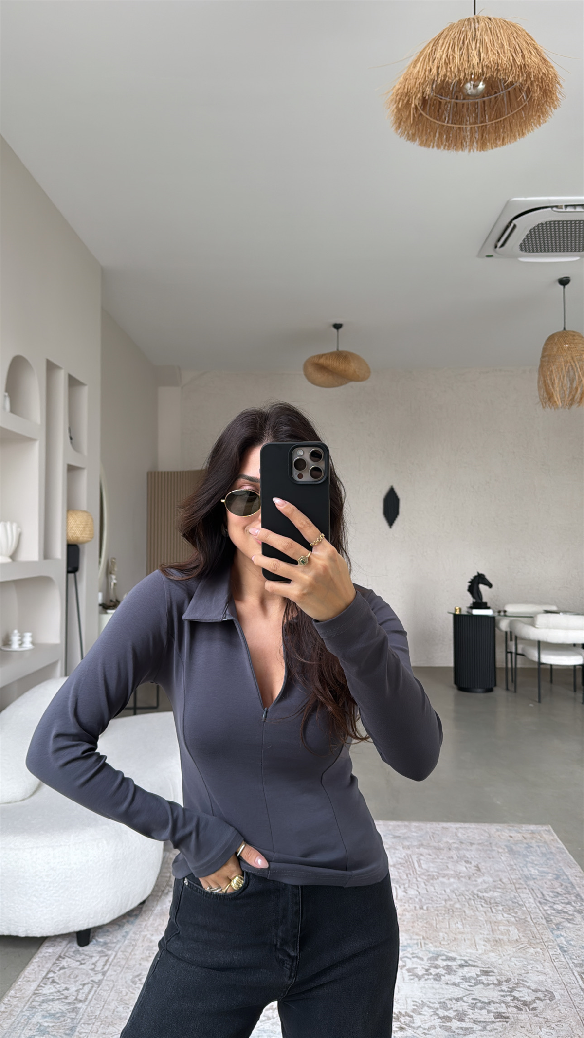 Antrasit Fermuarlı Yakalı Modal Bluz