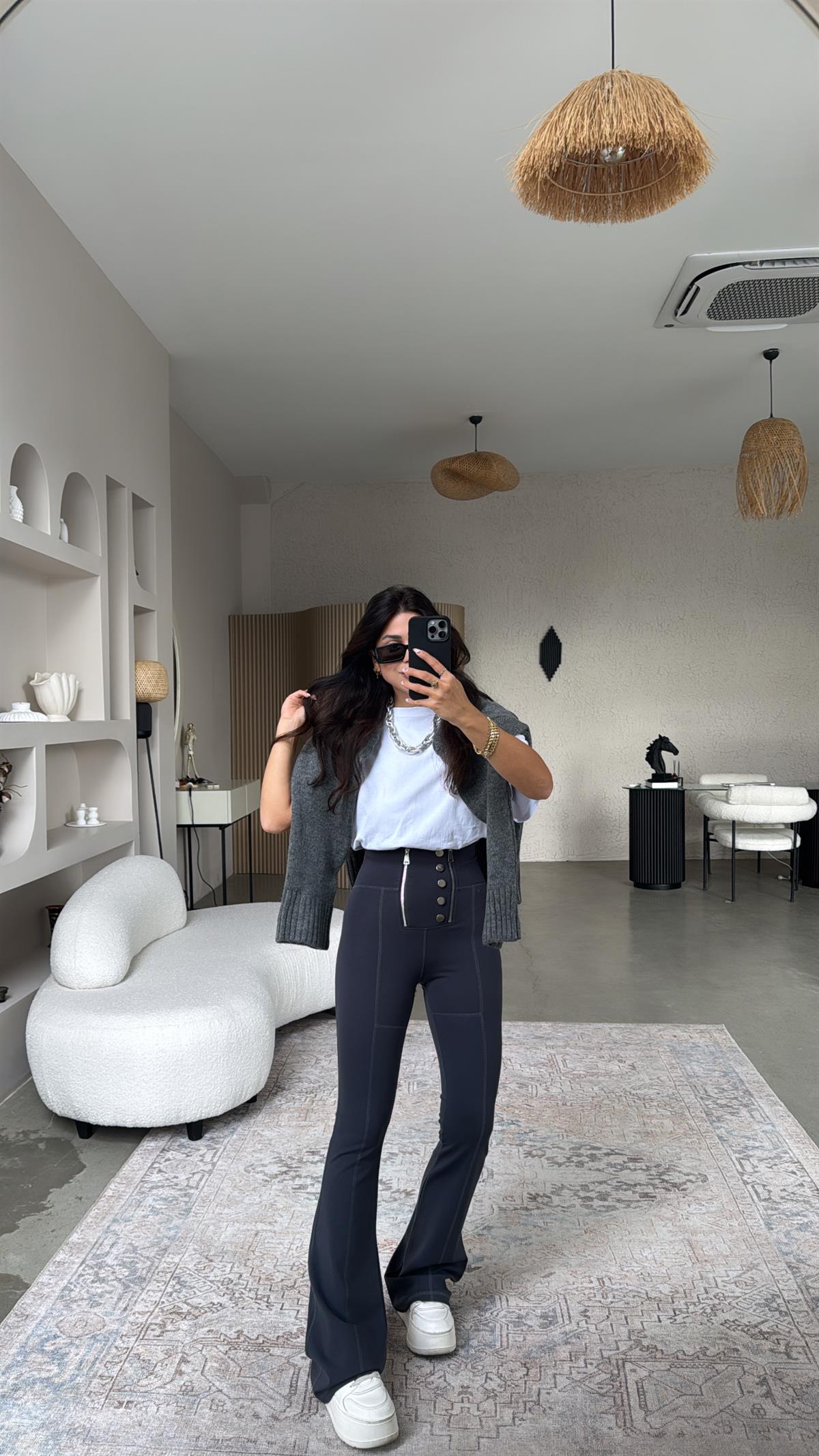 Antrasit Gümüş Aksesuarlı Fermuarlı Push Up Çelik Tayt Pantolon