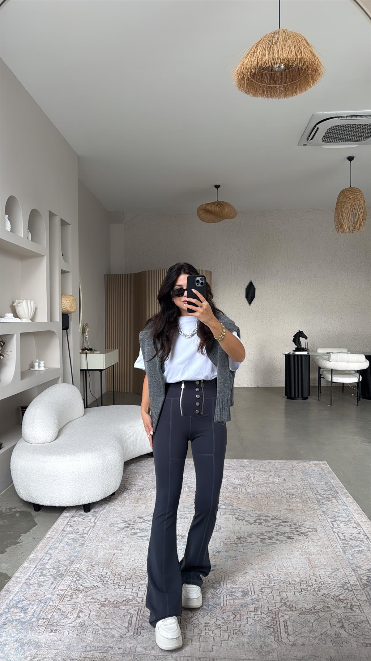 Antrasit Gümüş Aksesuarlı Fermuarlı Push Up Çelik Tayt Pantolon