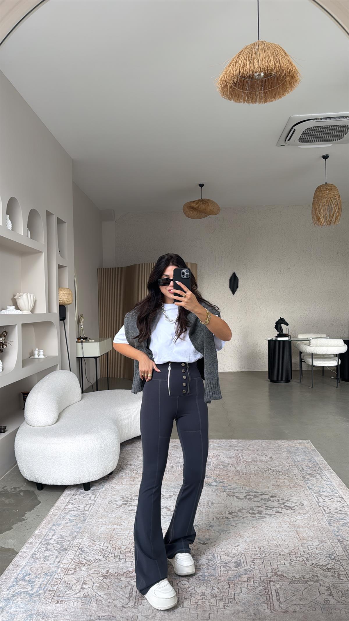 Antrasit Gümüş Aksesuarlı Fermuarlı Push Up Çelik Tayt Pantolon