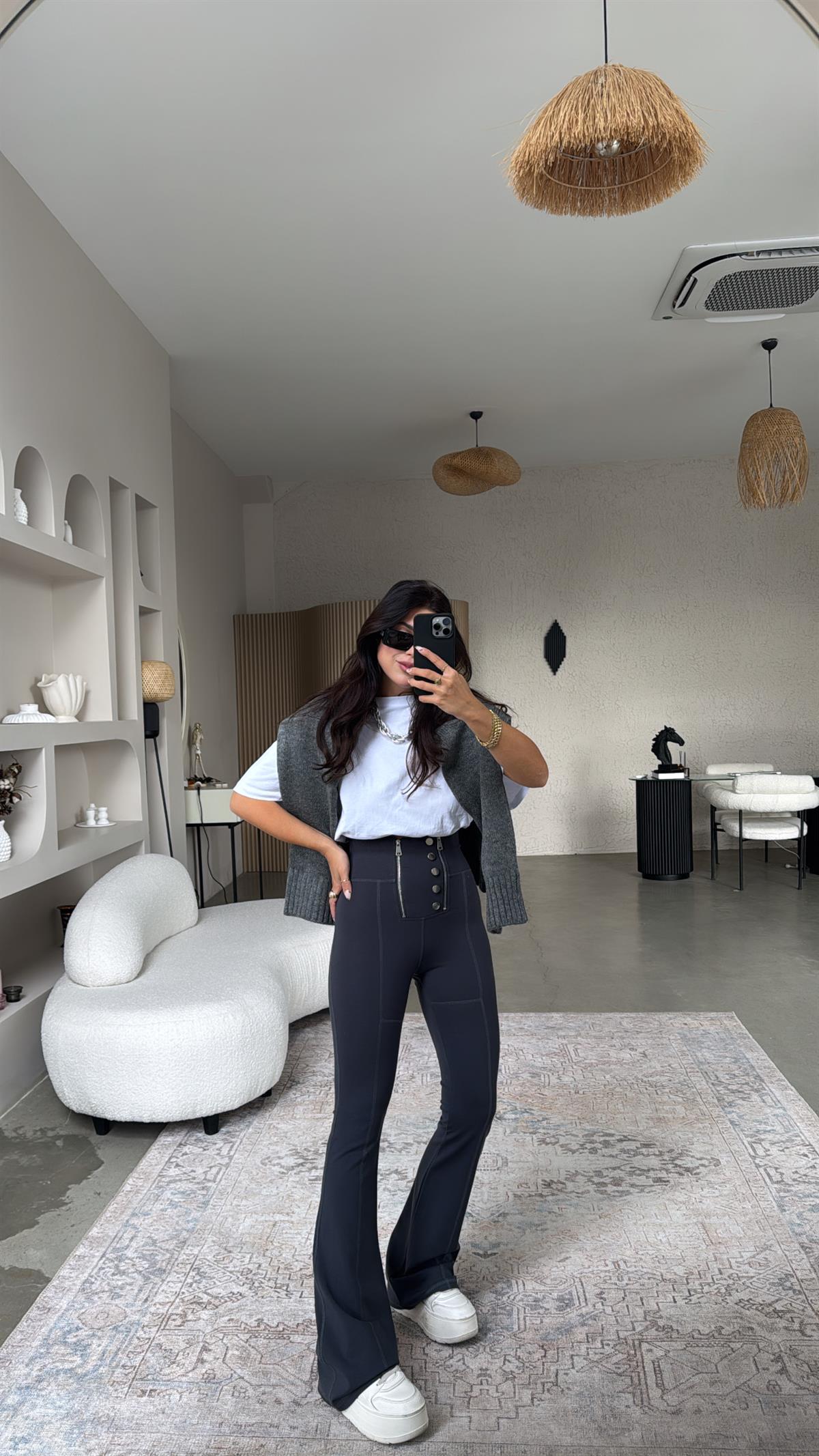 Antrasit Gümüş Aksesuarlı Fermuarlı Push Up Çelik Tayt Pantolon